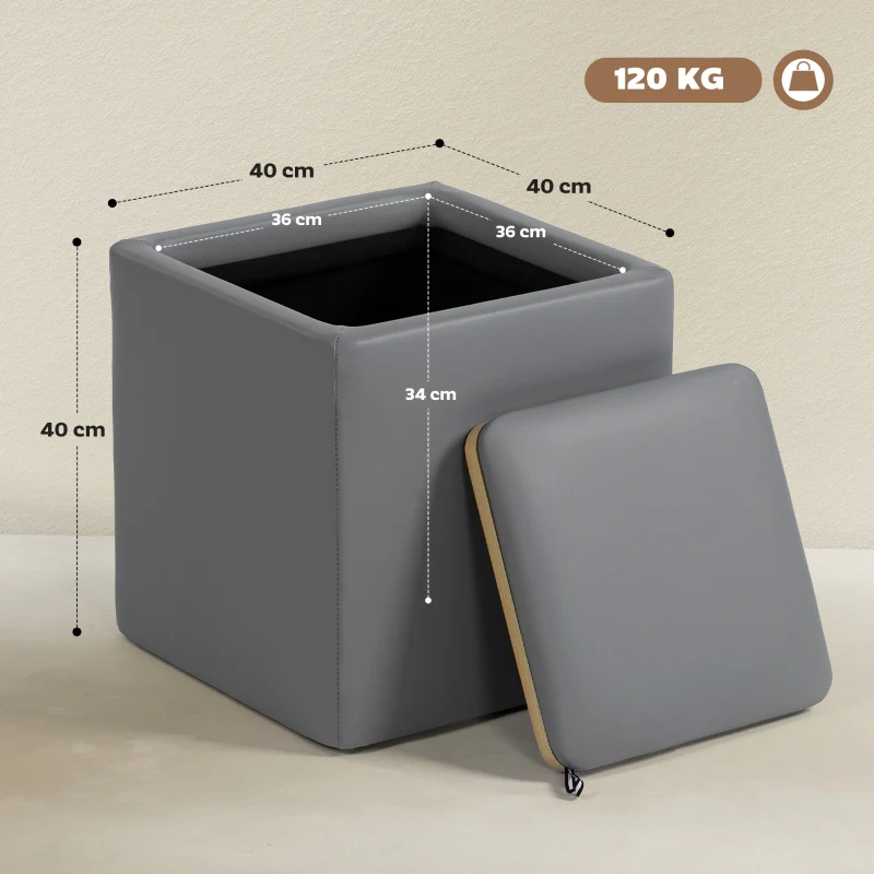 Storage Ottoman Square with Lid 40x40x40cm - Faux Leather Grey - Image 3