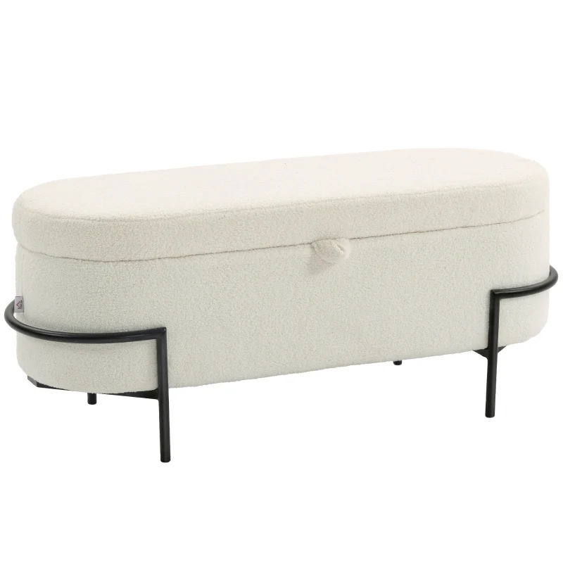 Storage Stool Ottoman with Storage Fleece Cover Steel Legs - Cream White - Image 2