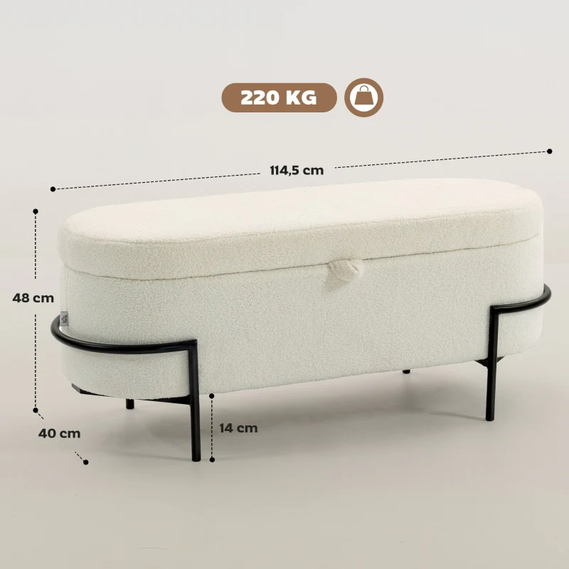 Storage Stool Ottoman with Storage Fleece Cover Steel Legs - Cream White - Image 3