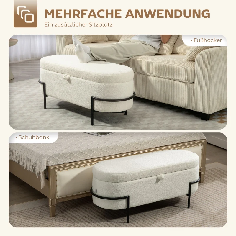 Storage Stool Ottoman with Storage Fleece Cover Steel Legs - Cream White - Image 7