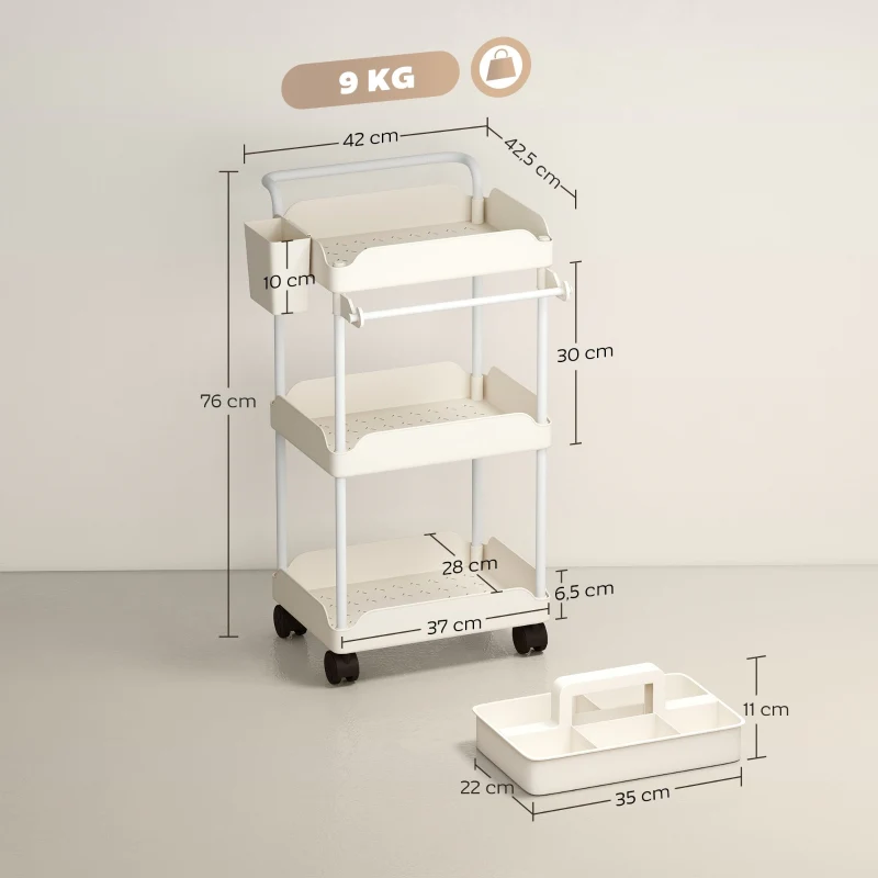 Storage Trolley 3 Baskets Towel Rack Wheels White - Image 3