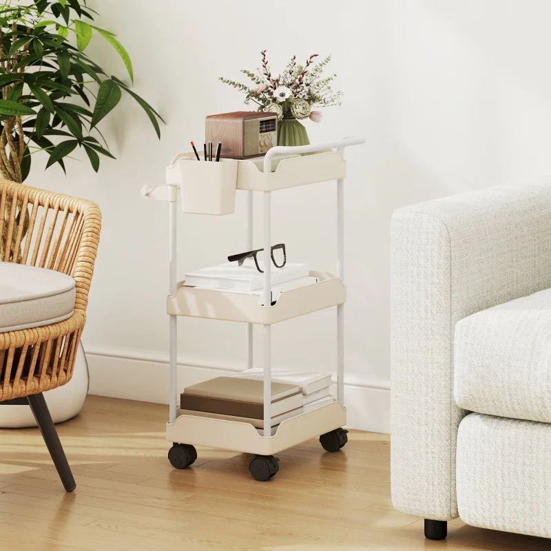Storage Trolley 3 Baskets Towel Rack Wheels White - Image 8