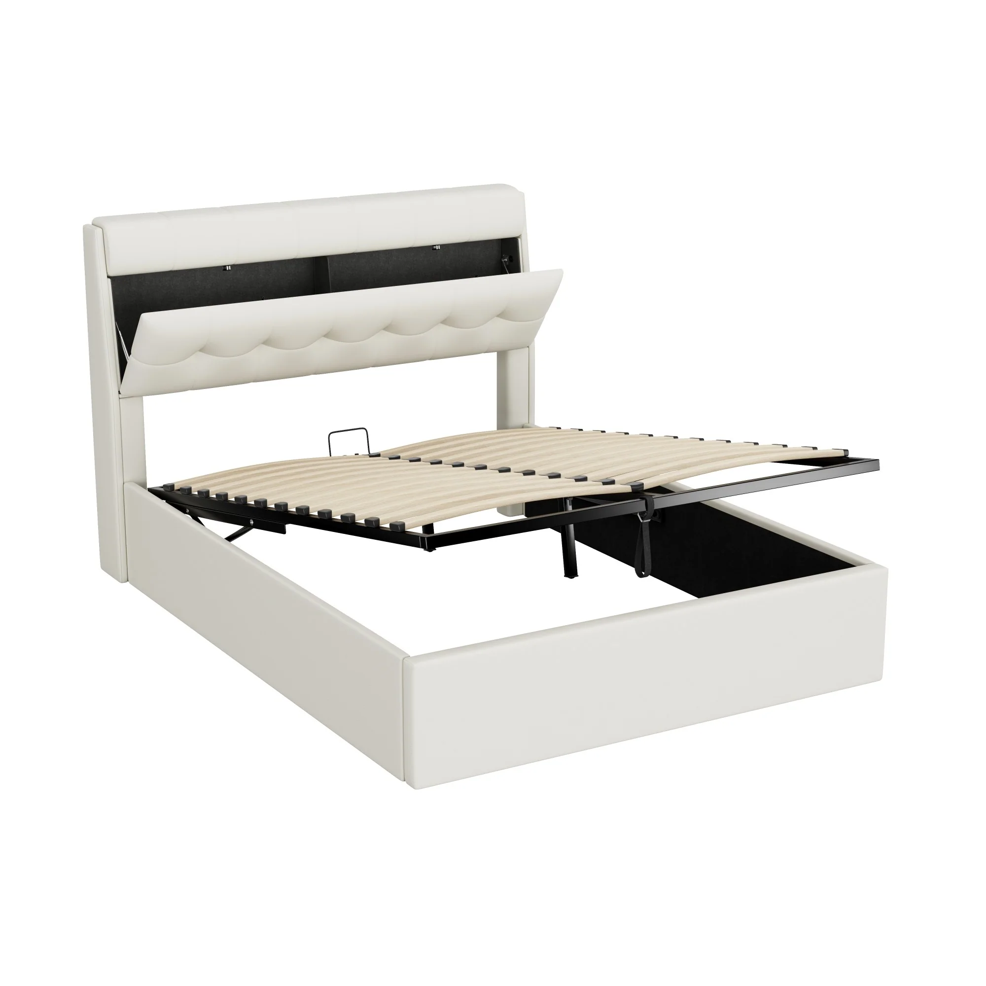 Stylish Upholstered Bed 140x200 Hydraulic Concealed Storage PU White - Image 10
