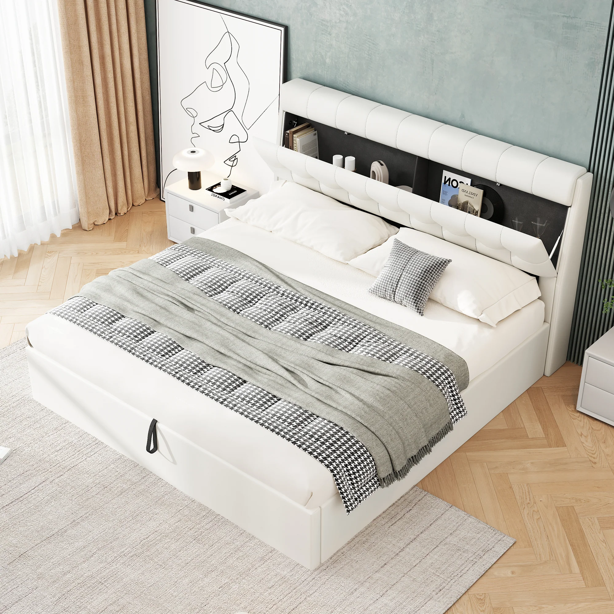 Stylish Upholstered Bed 140x200 Hydraulic Concealed Storage PU White - Image 4
