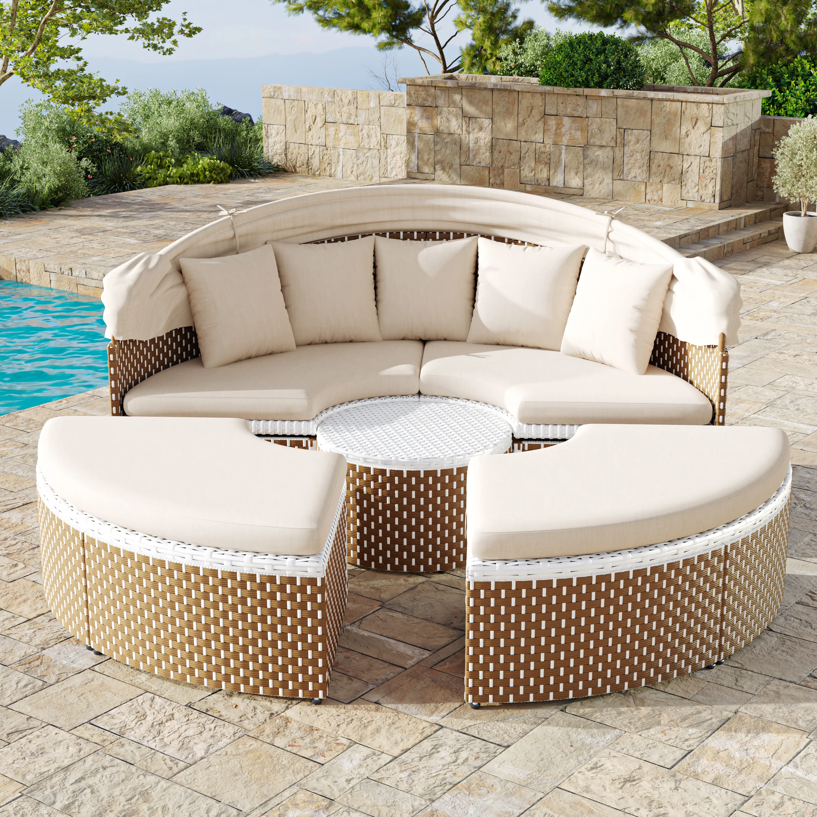 Sun Island Garden Lounge Set Rattan Extendable Canopy Liftable Table Beige - Image 2
