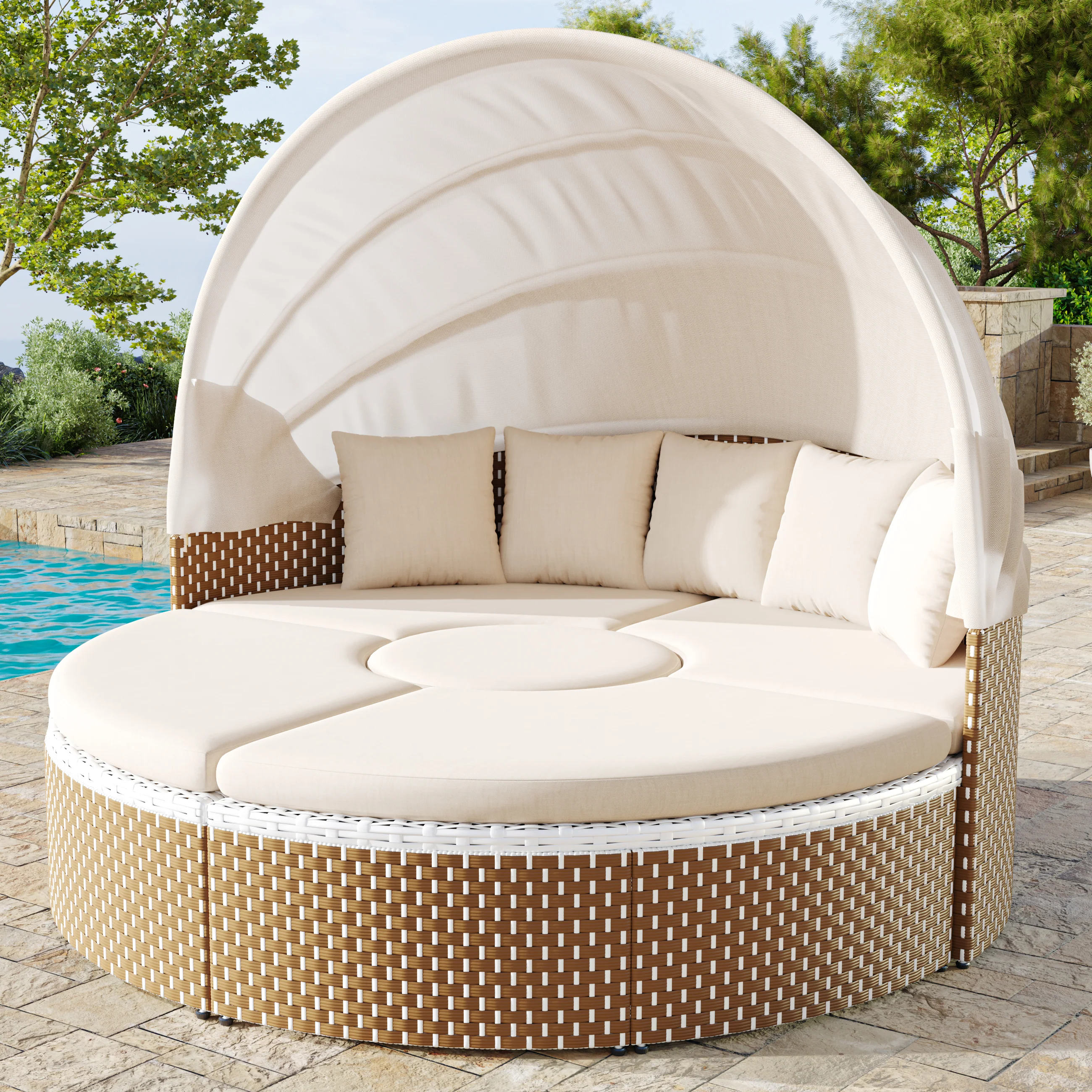 Sun Island Garden Lounge Set Rattan Extendable Canopy Liftable Table Beige - Image 3