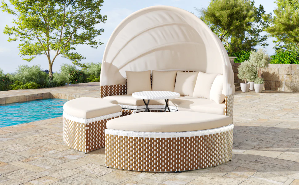 Sun Island Garden Lounge Set Rattan Extendable Canopy Liftable Table Beige - Image 4