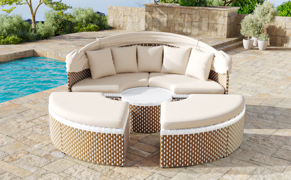 Sun Island Garden Lounge Set Rattan Extendable Canopy Liftable Table Beige - Image 5