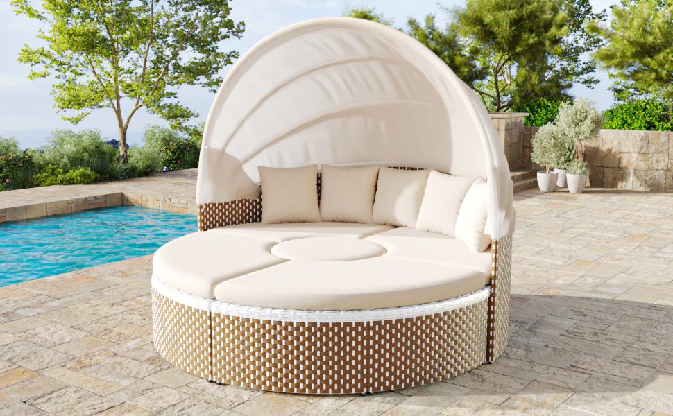 Sun Island Garden Lounge Set Rattan Extendable Canopy Liftable Table Beige - Image 6