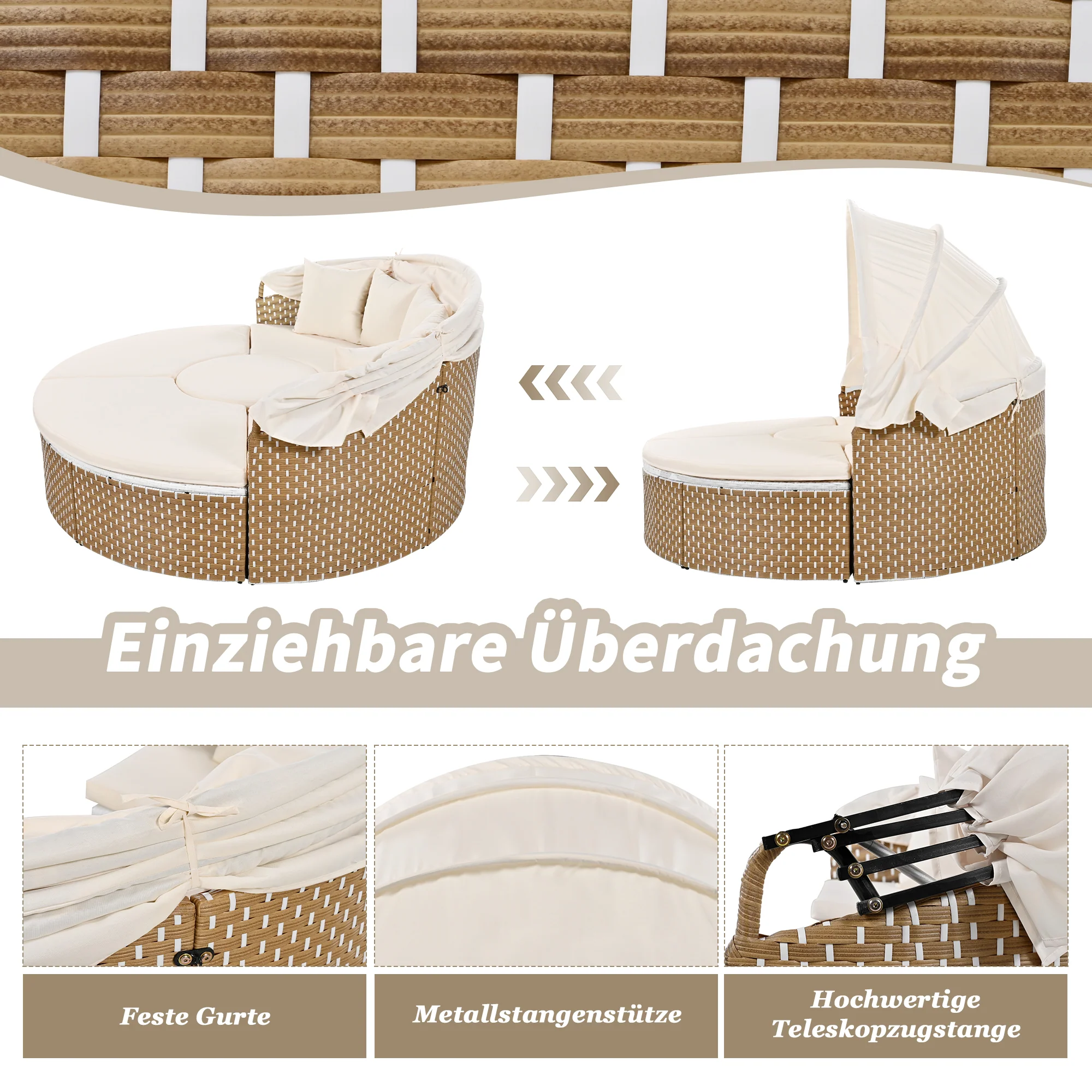 Sun Island Garden Lounge Set Rattan Extendable Canopy Liftable Table Beige - Image 7