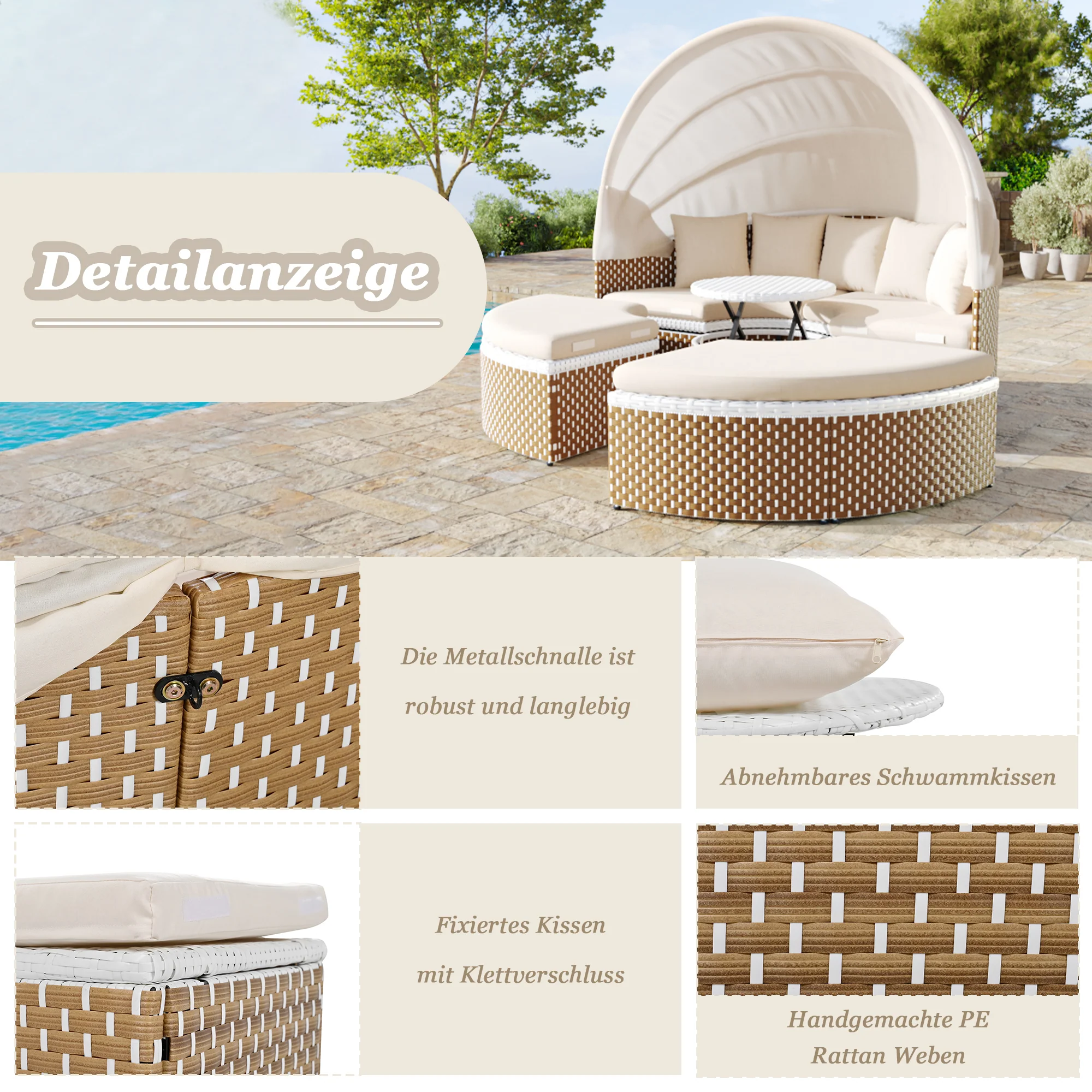 Sun Island Garden Lounge Set Rattan Extendable Canopy Liftable Table Beige - Image 8