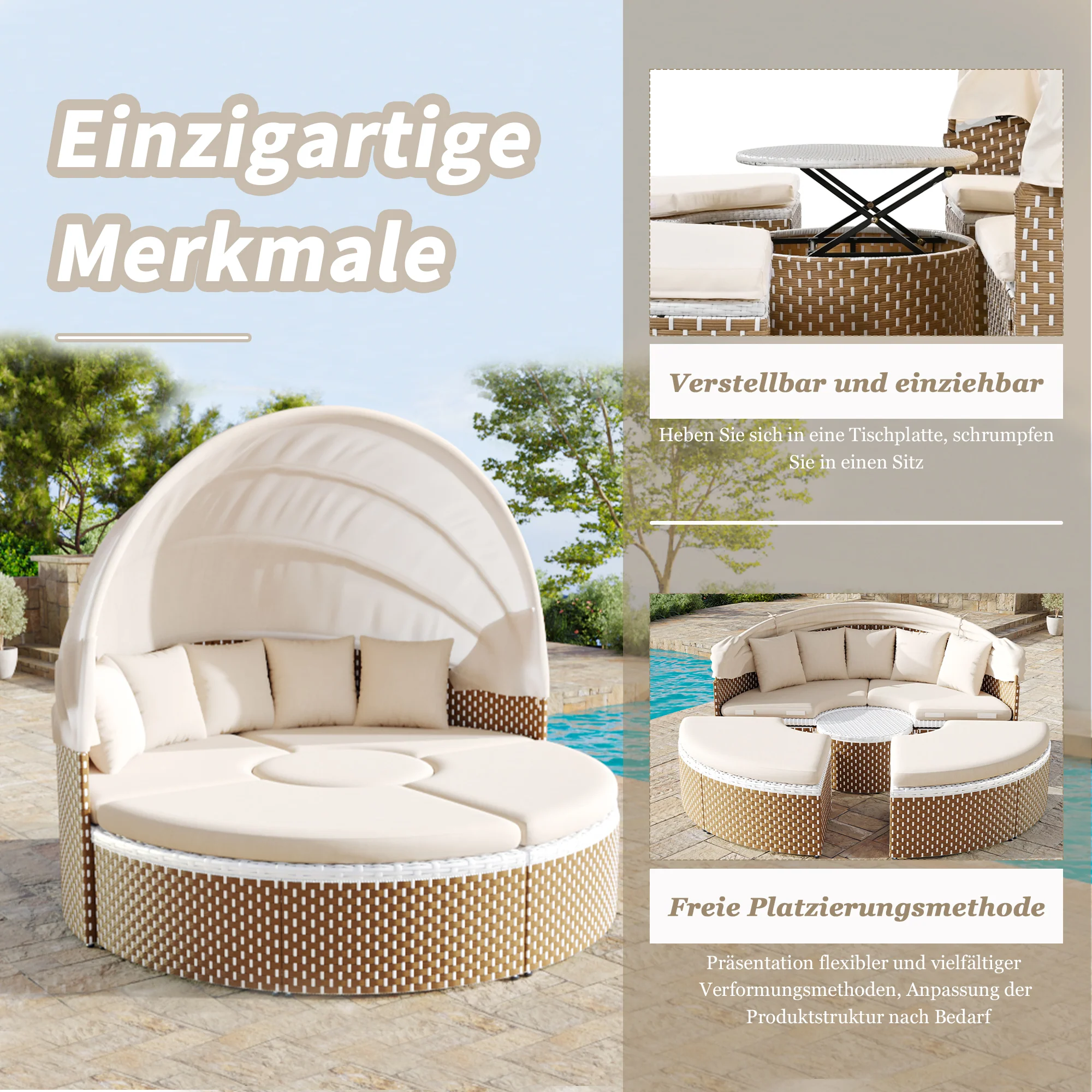 Sun Island Garden Lounge Set Rattan Extendable Canopy Liftable Table Beige - Image 9