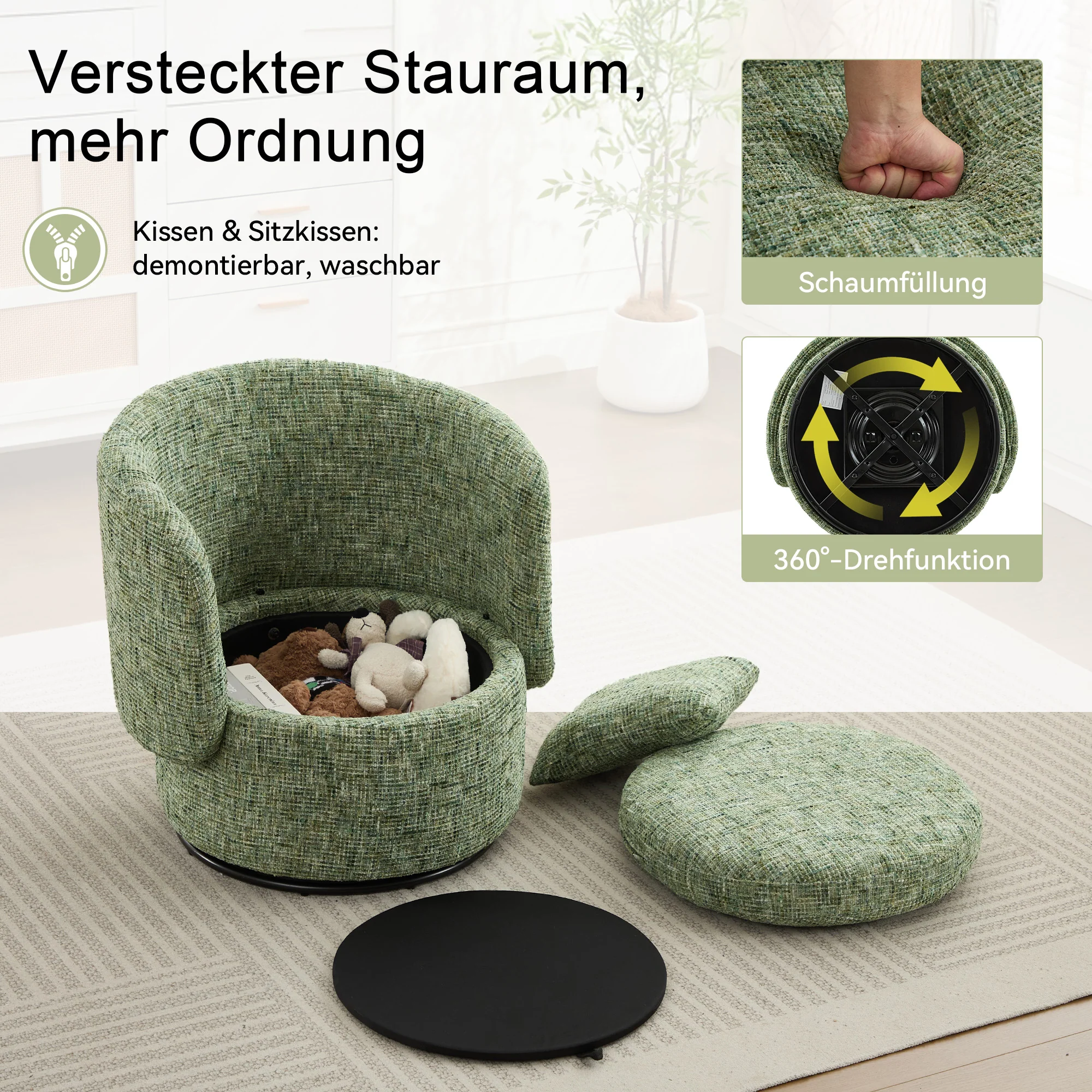 Swivel Armchair 360° Rotating Accent Chair Hidden Storage Plump Cushion Green - Image 2