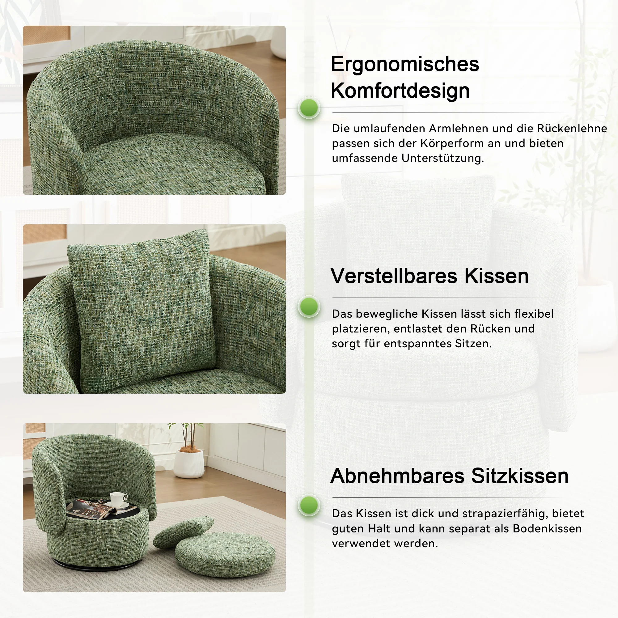 Swivel Armchair 360° Rotating Accent Chair Hidden Storage Plump Cushion Green - Image 3