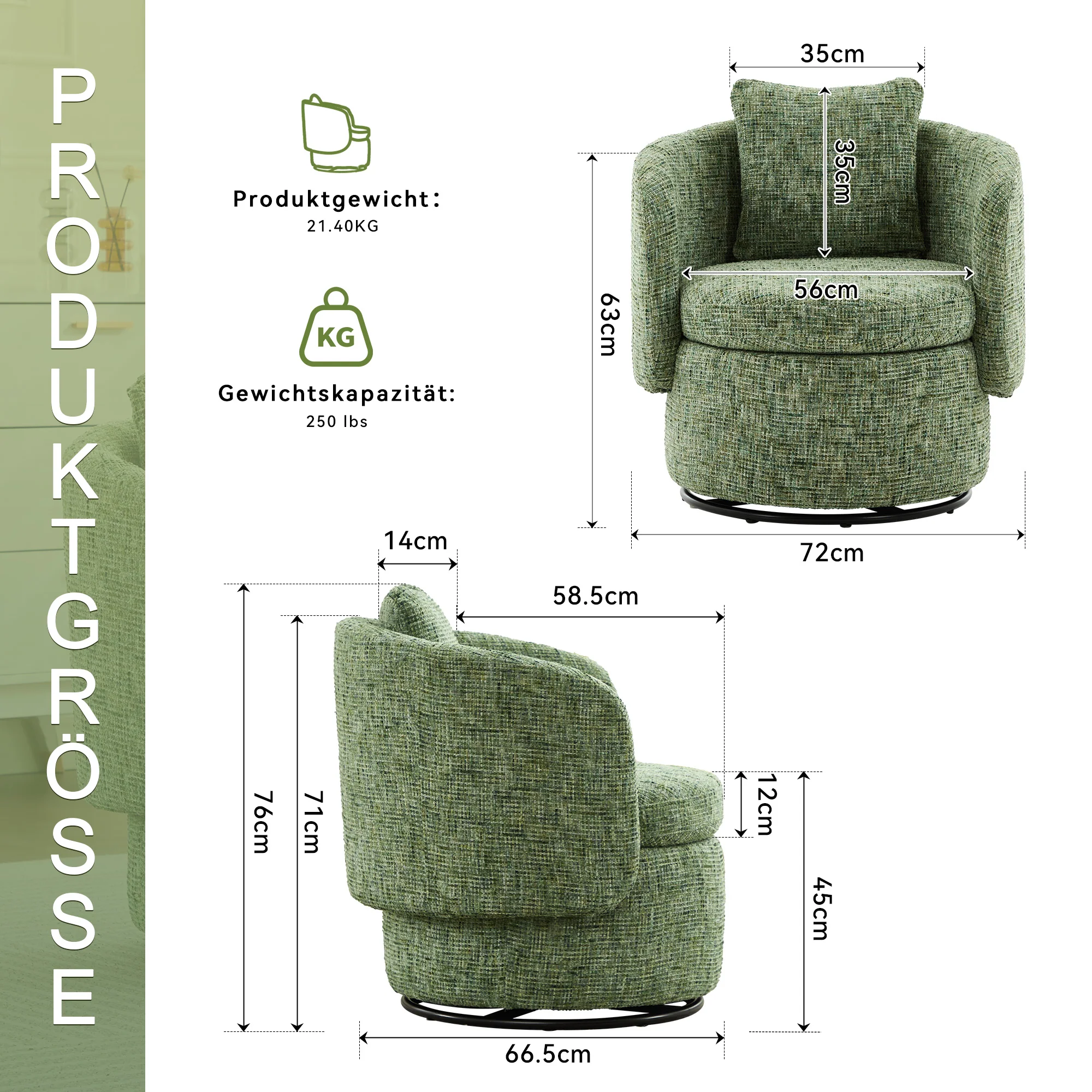 Swivel Armchair 360° Rotating Accent Chair Hidden Storage Plump Cushion Green - Image 4