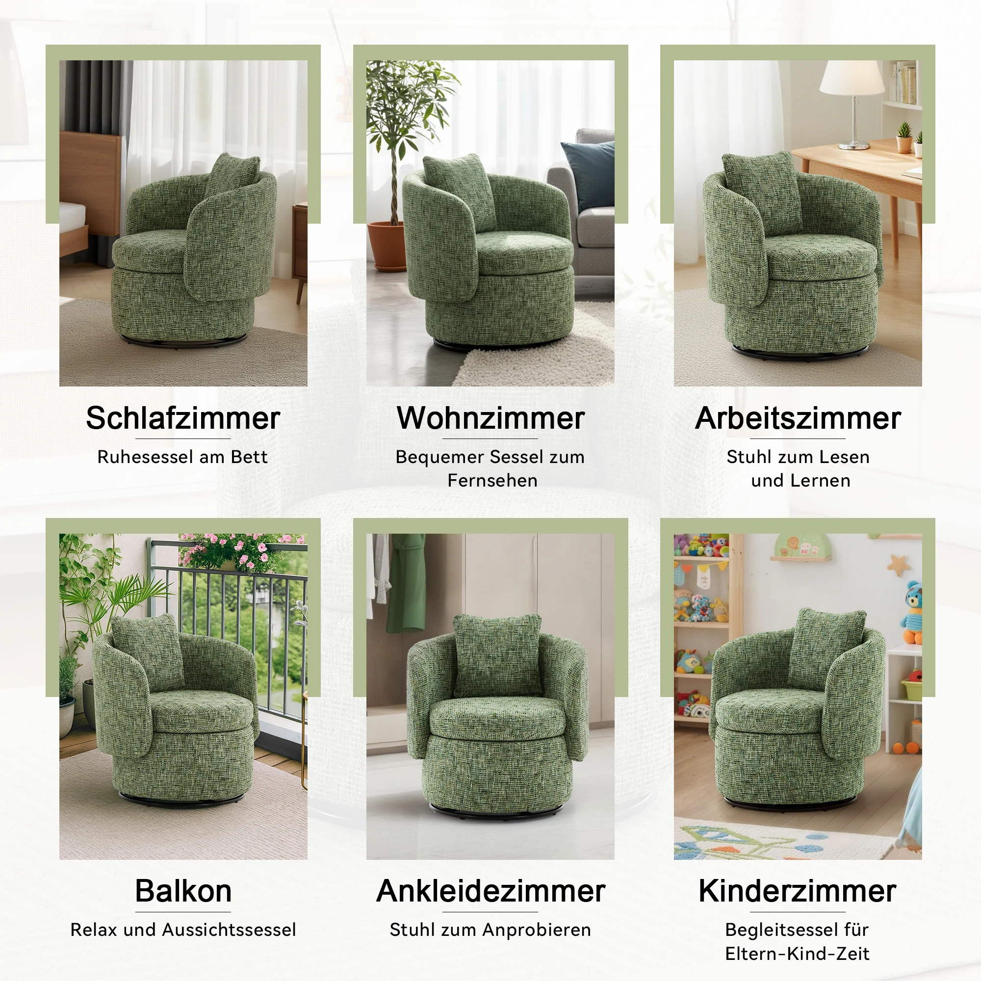 Swivel Armchair 360° Rotating Accent Chair Hidden Storage Plump Cushion Green - Image 5