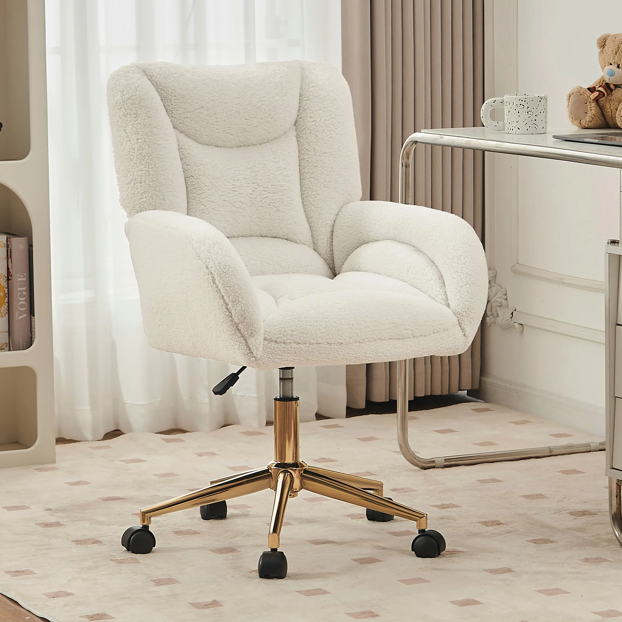 Swivel Chair Height-Adjustable Gold Legs - White Teddy Fabric