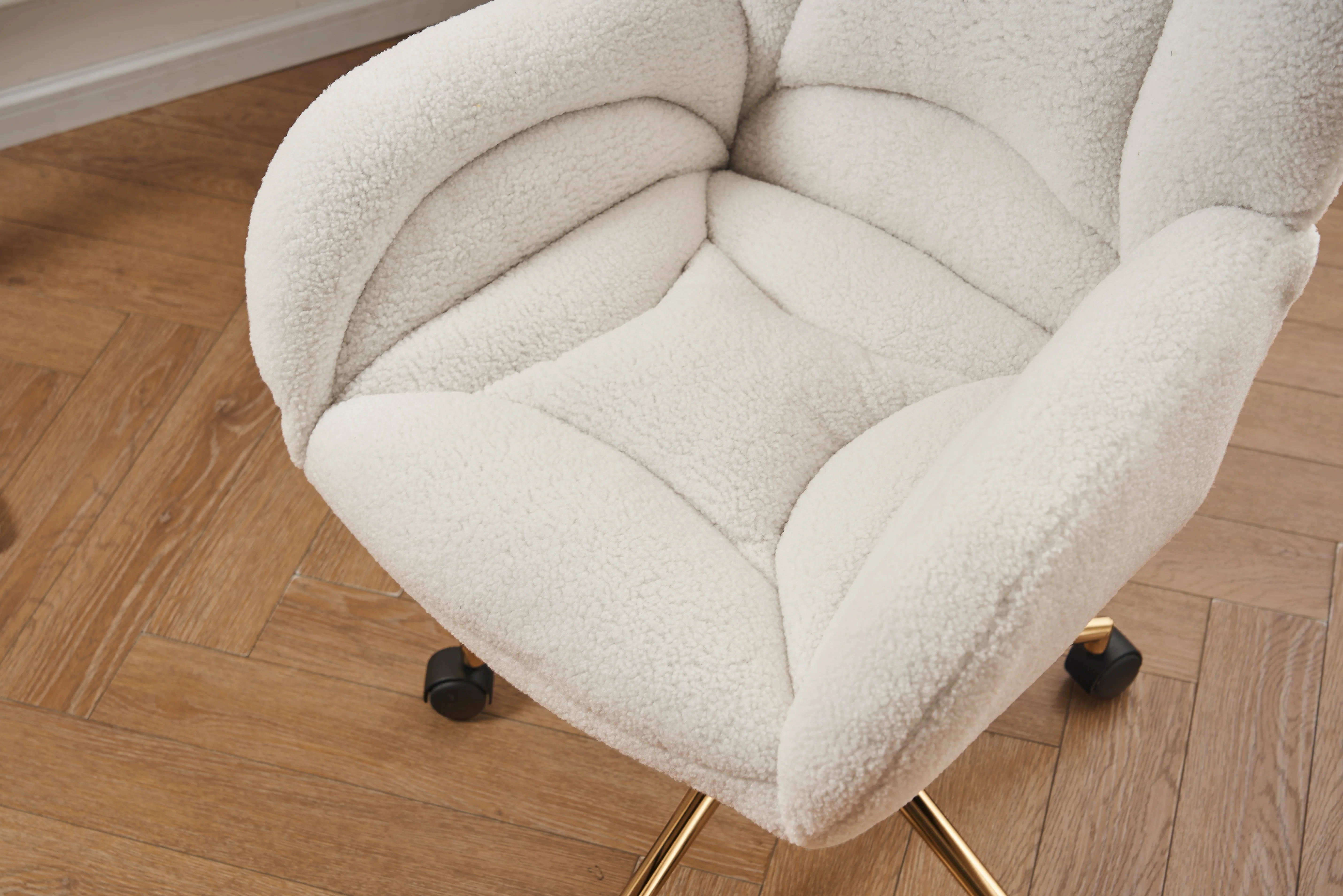 Swivel Chair Height-Adjustable Gold Legs - White Teddy Fabric - Image 10