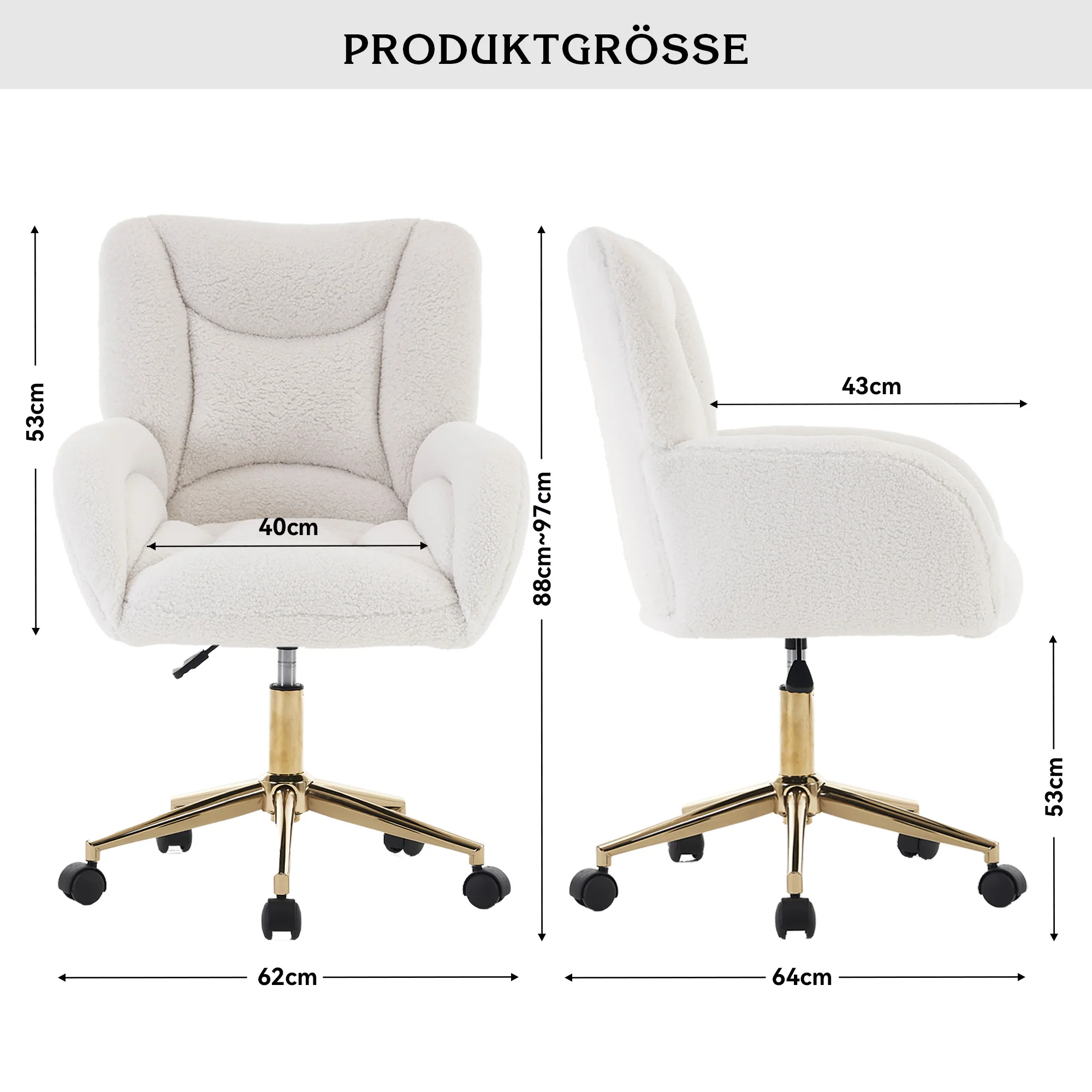 Swivel Chair Height-Adjustable Gold Legs - White Teddy Fabric - Image 3
