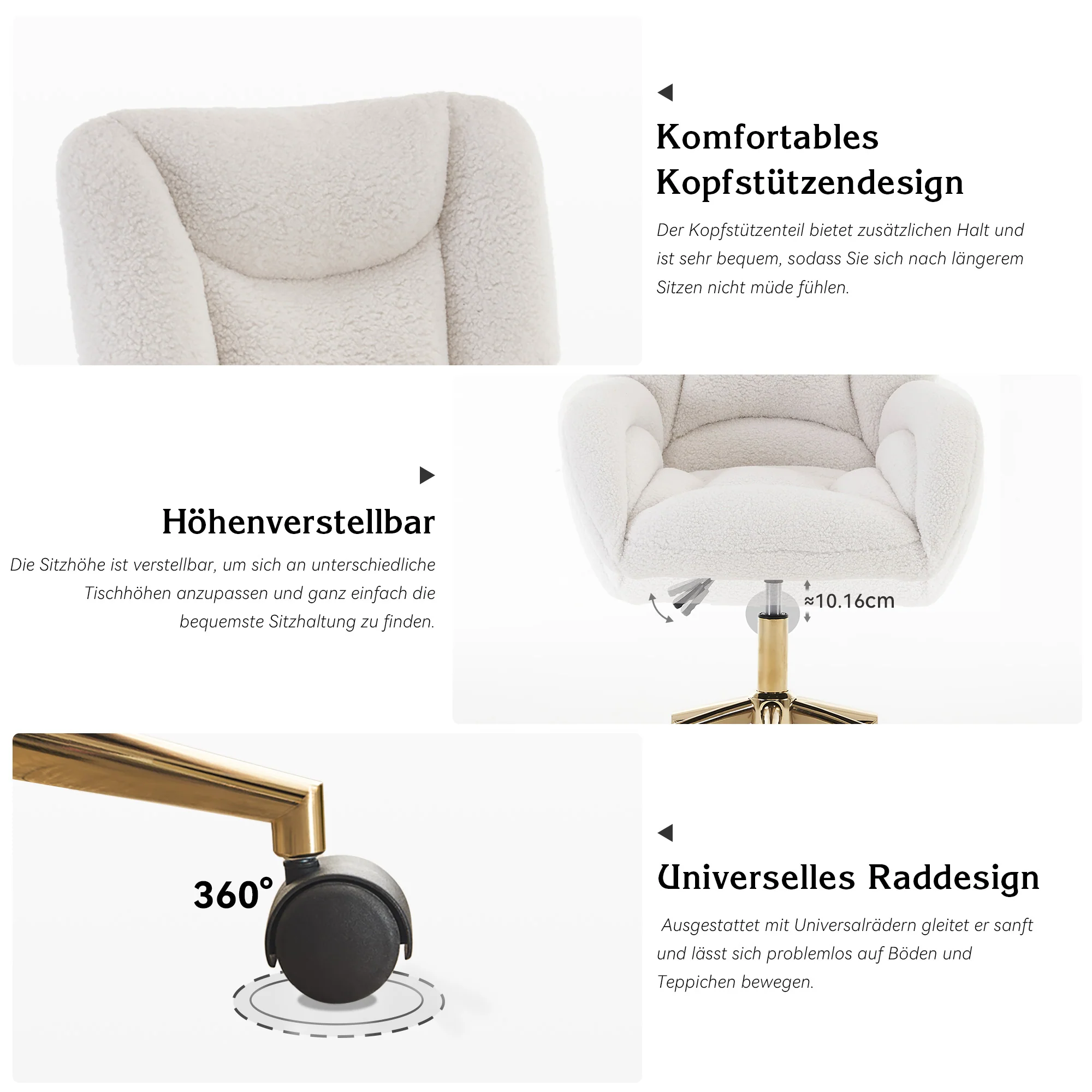 Swivel Chair Height-Adjustable Gold Legs - White Teddy Fabric - Image 4