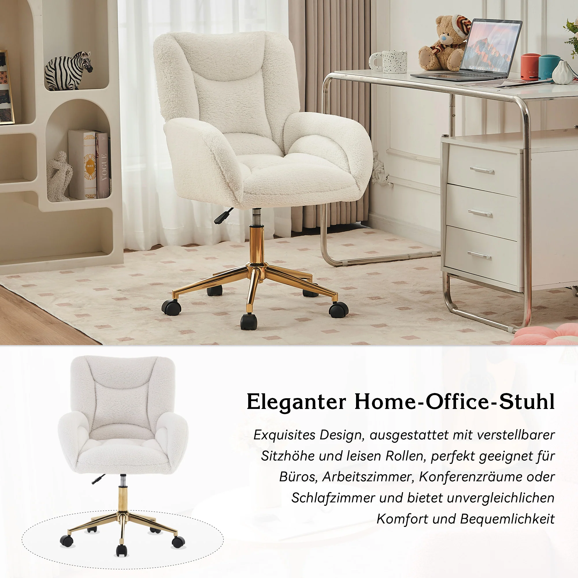 Swivel Chair Height-Adjustable Gold Legs - White Teddy Fabric - Image 5