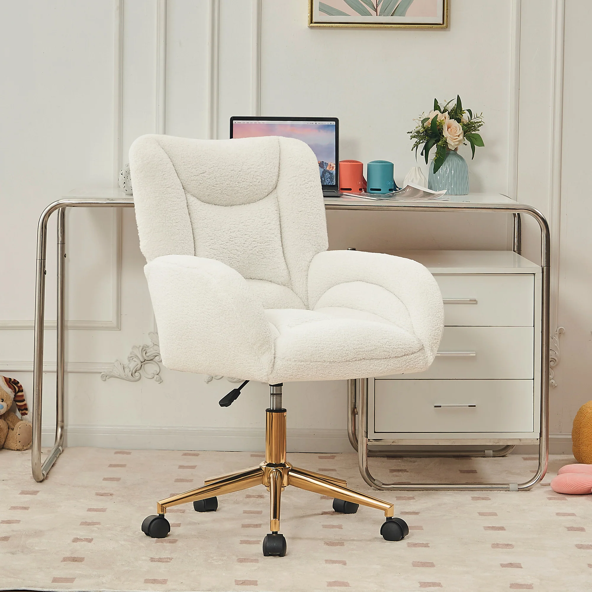 Swivel Chair Height-Adjustable Gold Legs - White Teddy Fabric - Image 6