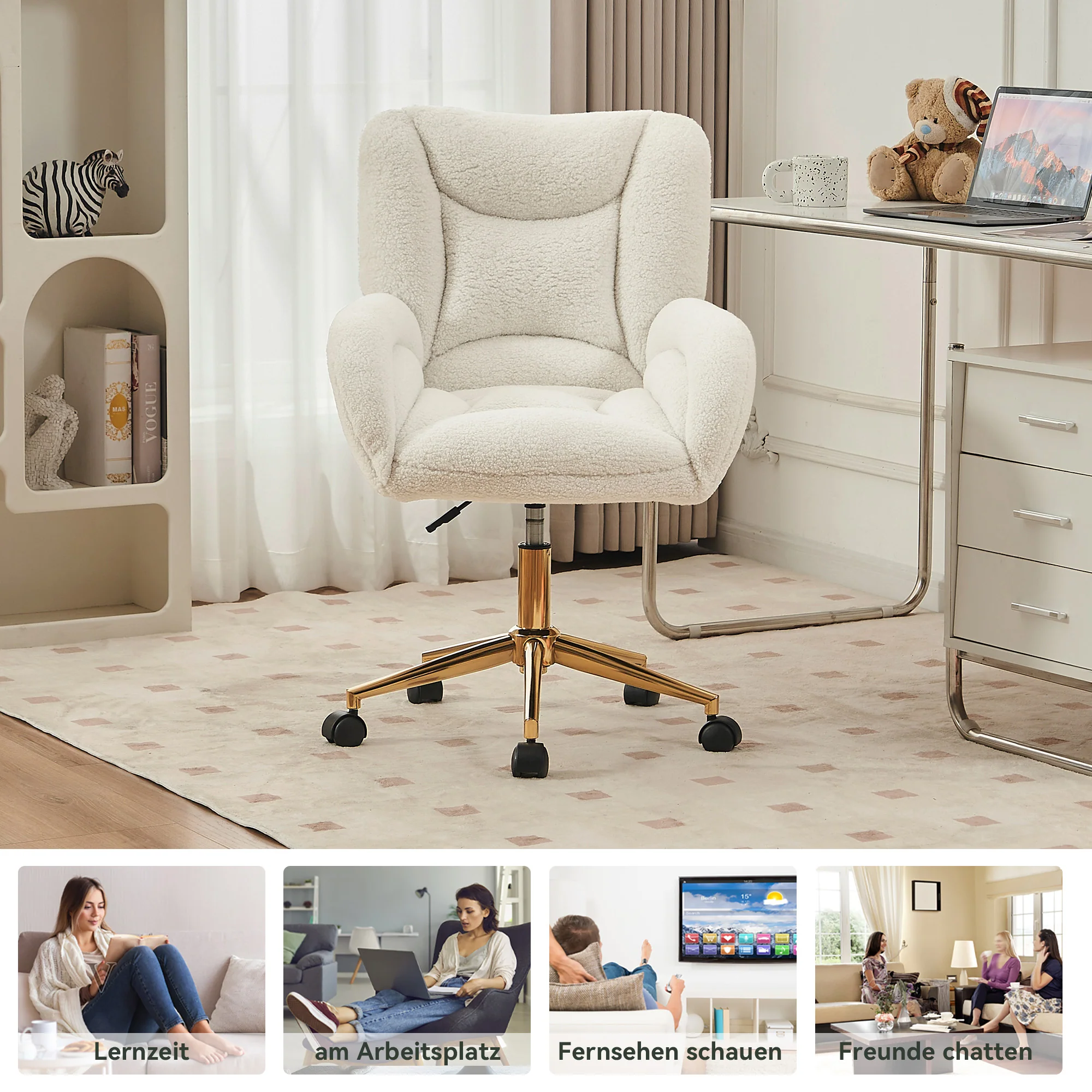 Swivel Chair Height-Adjustable Gold Legs - White Teddy Fabric - Image 7