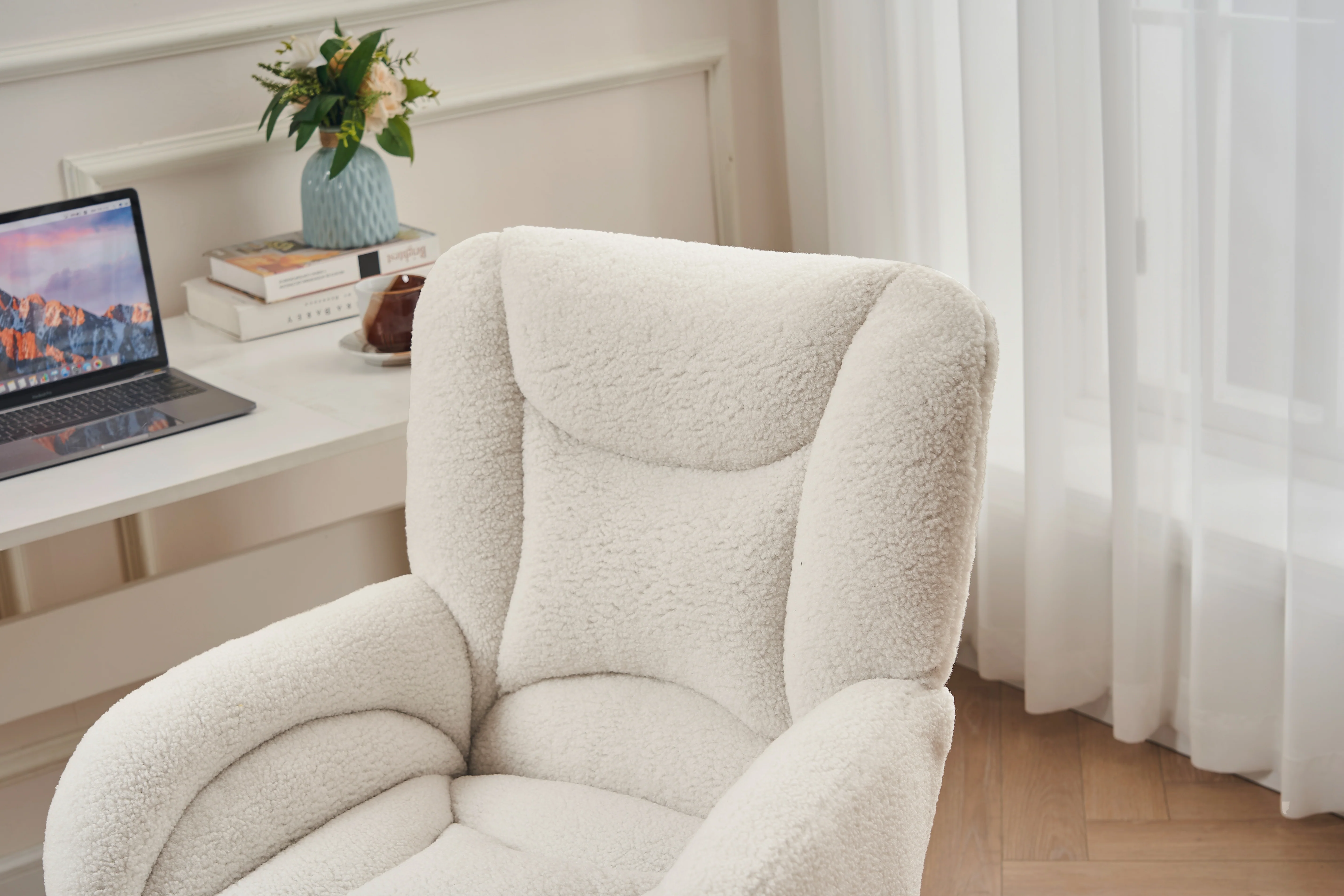 Swivel Chair Height-Adjustable Gold Legs - White Teddy Fabric - Image 9