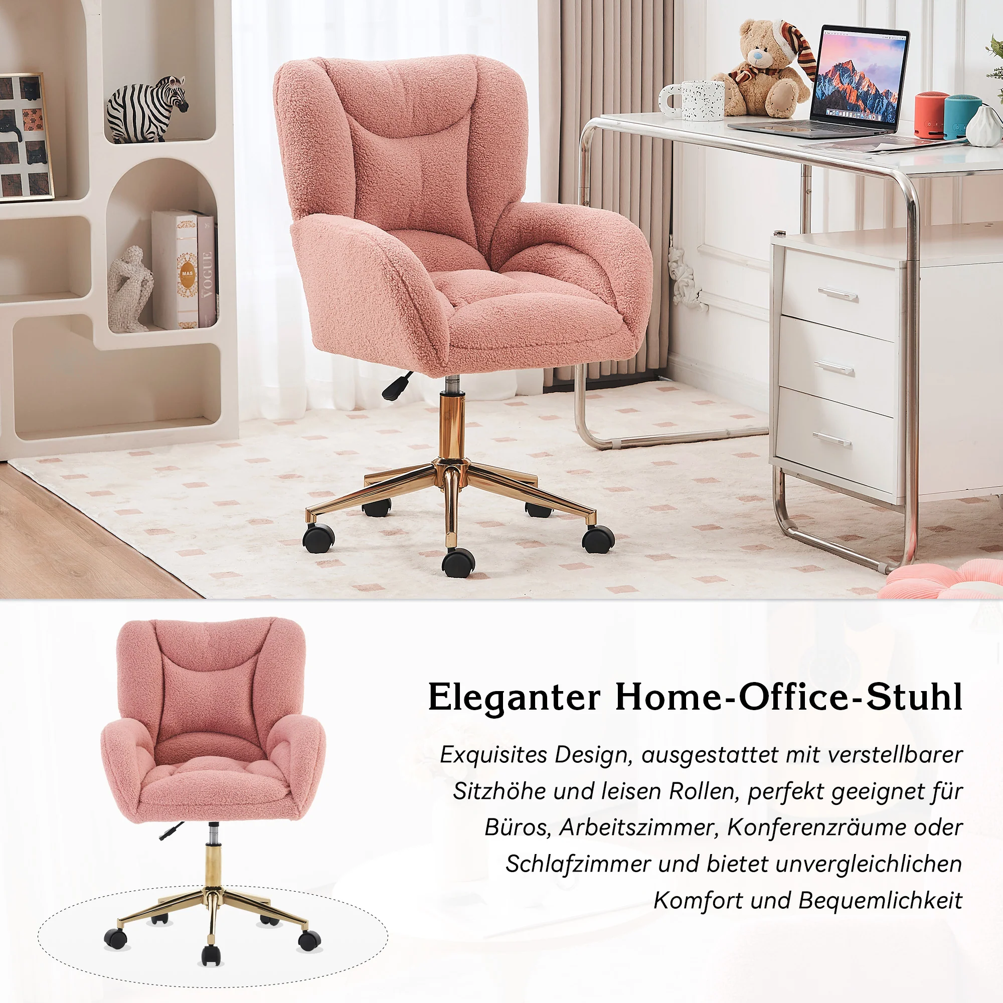 Swivel Chair Height-Adjustable Teddy Fabric Gold Legs - Pink - Image 3