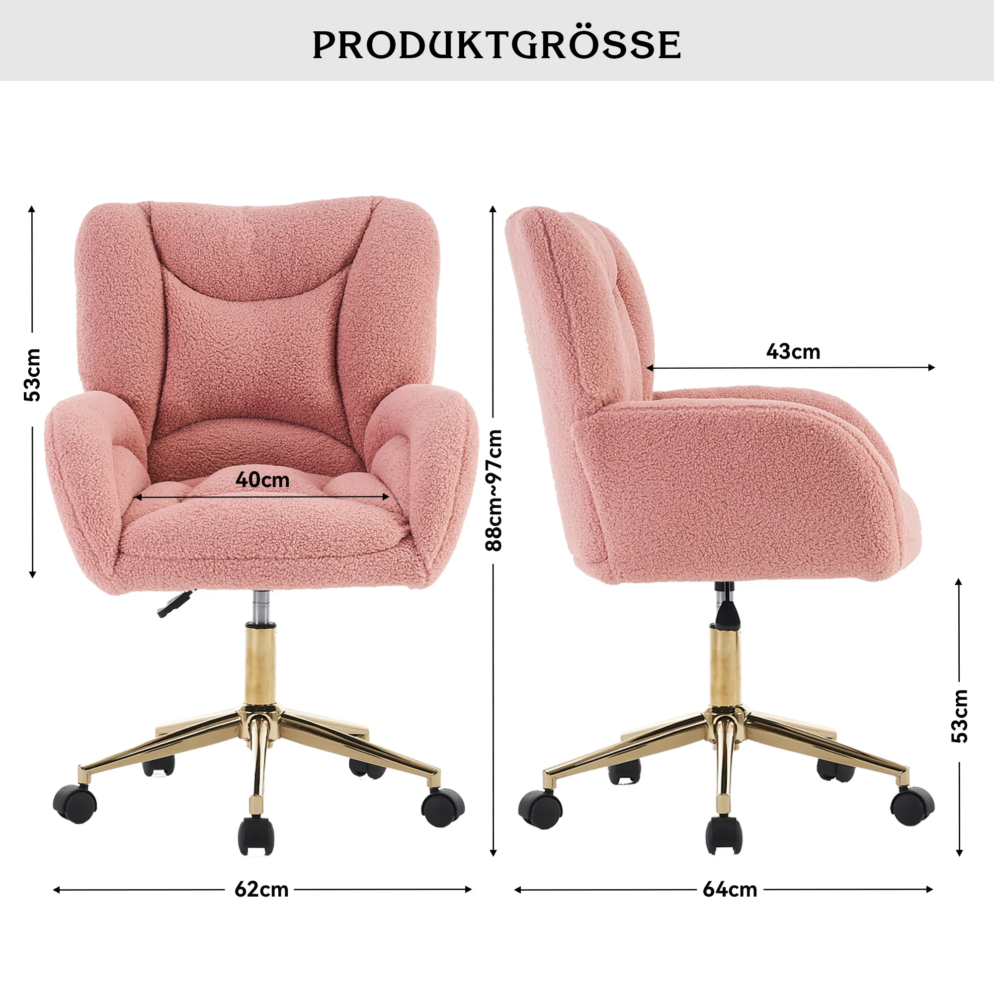 Swivel Chair Height-Adjustable Teddy Fabric Gold Legs - Pink - Image 4