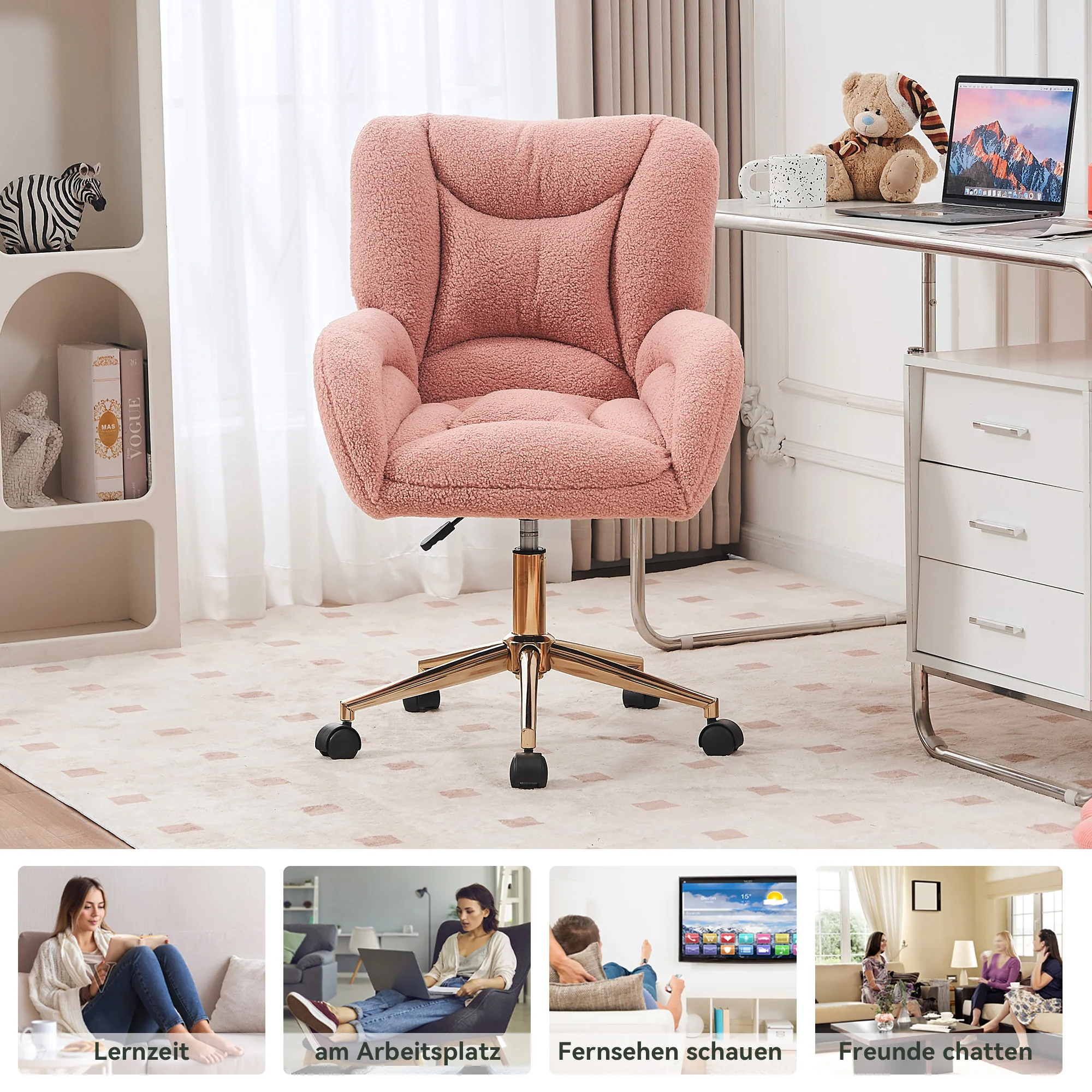 Swivel Chair Height-Adjustable Teddy Fabric Gold Legs - Pink - Image 5