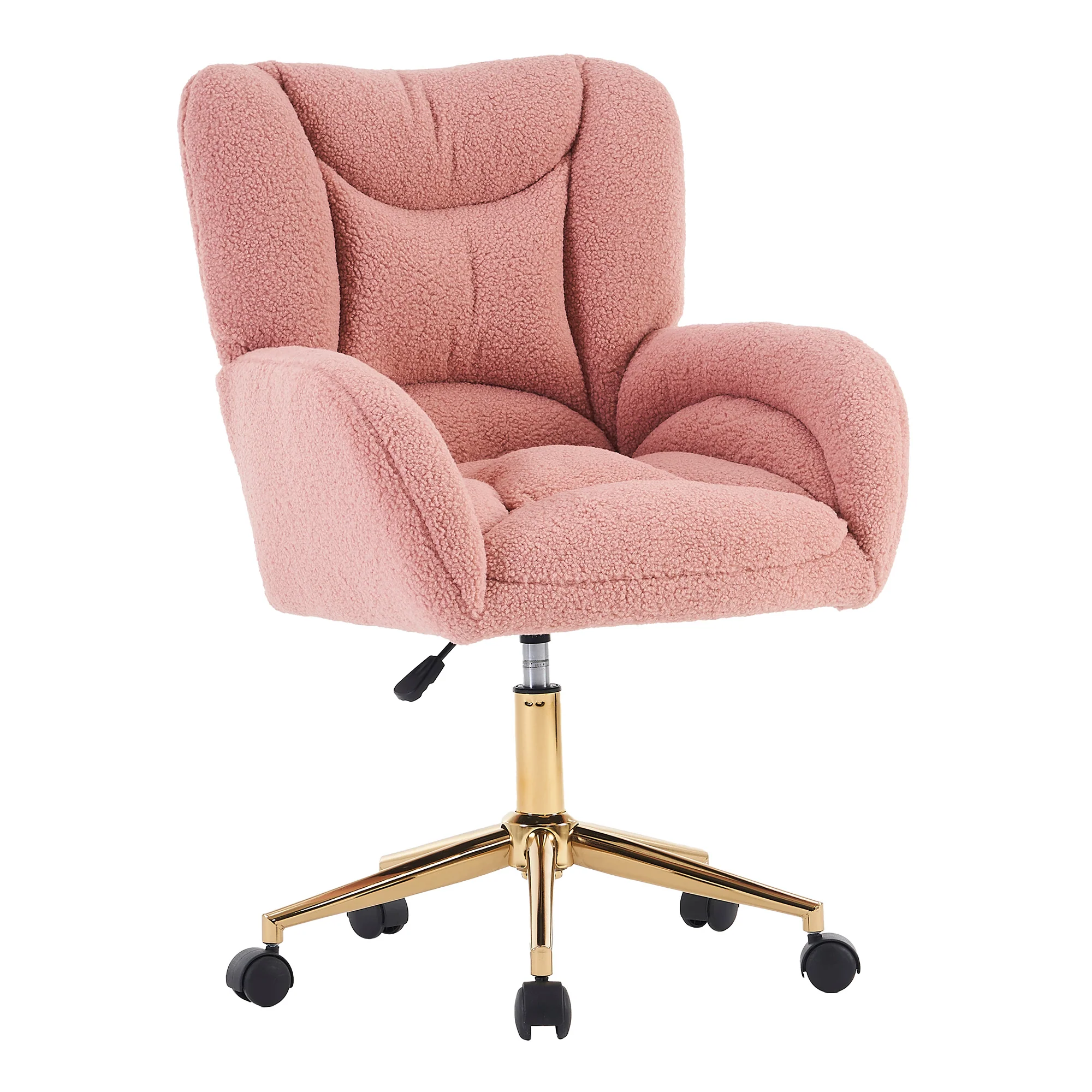 Swivel Chair Height-Adjustable Teddy Fabric Gold Legs - Pink - Image 6