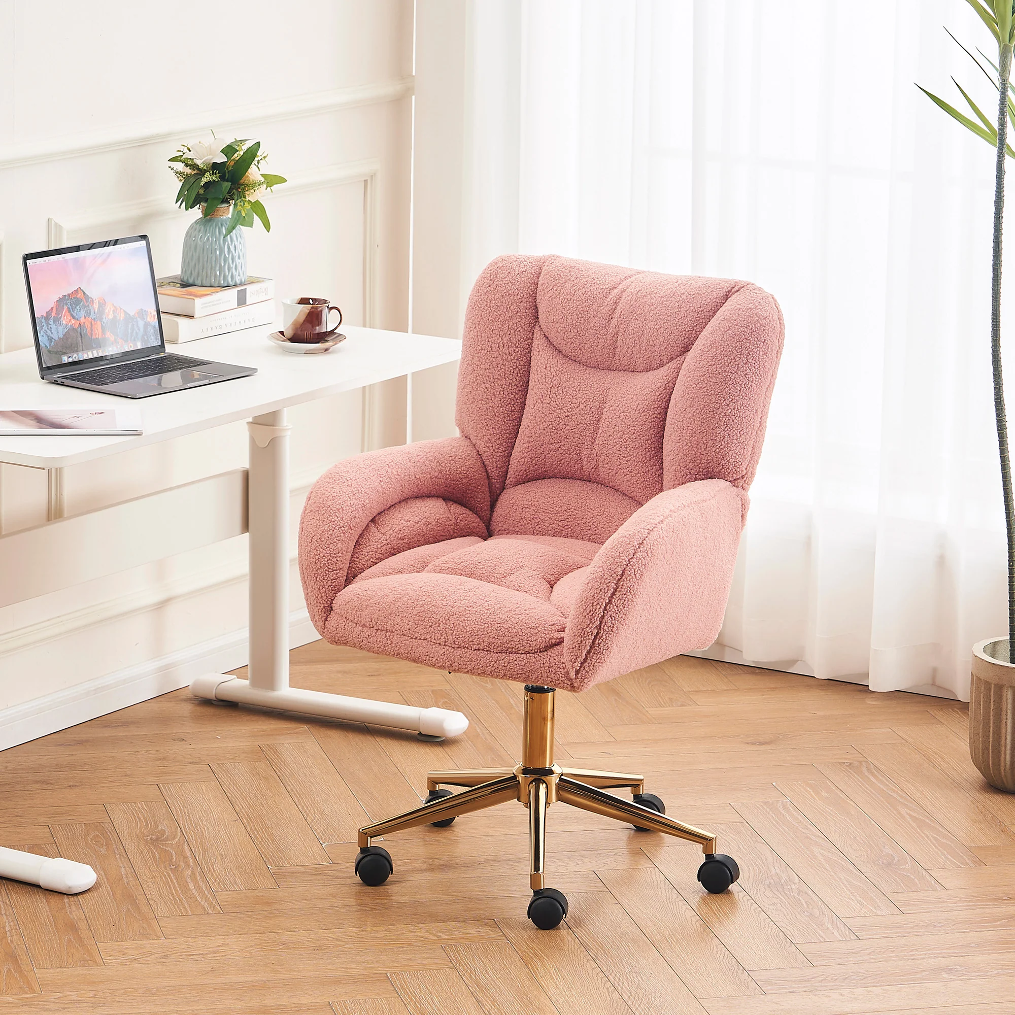 Swivel Chair Height-Adjustable Teddy Fabric Gold Legs - Pink - Image 7
