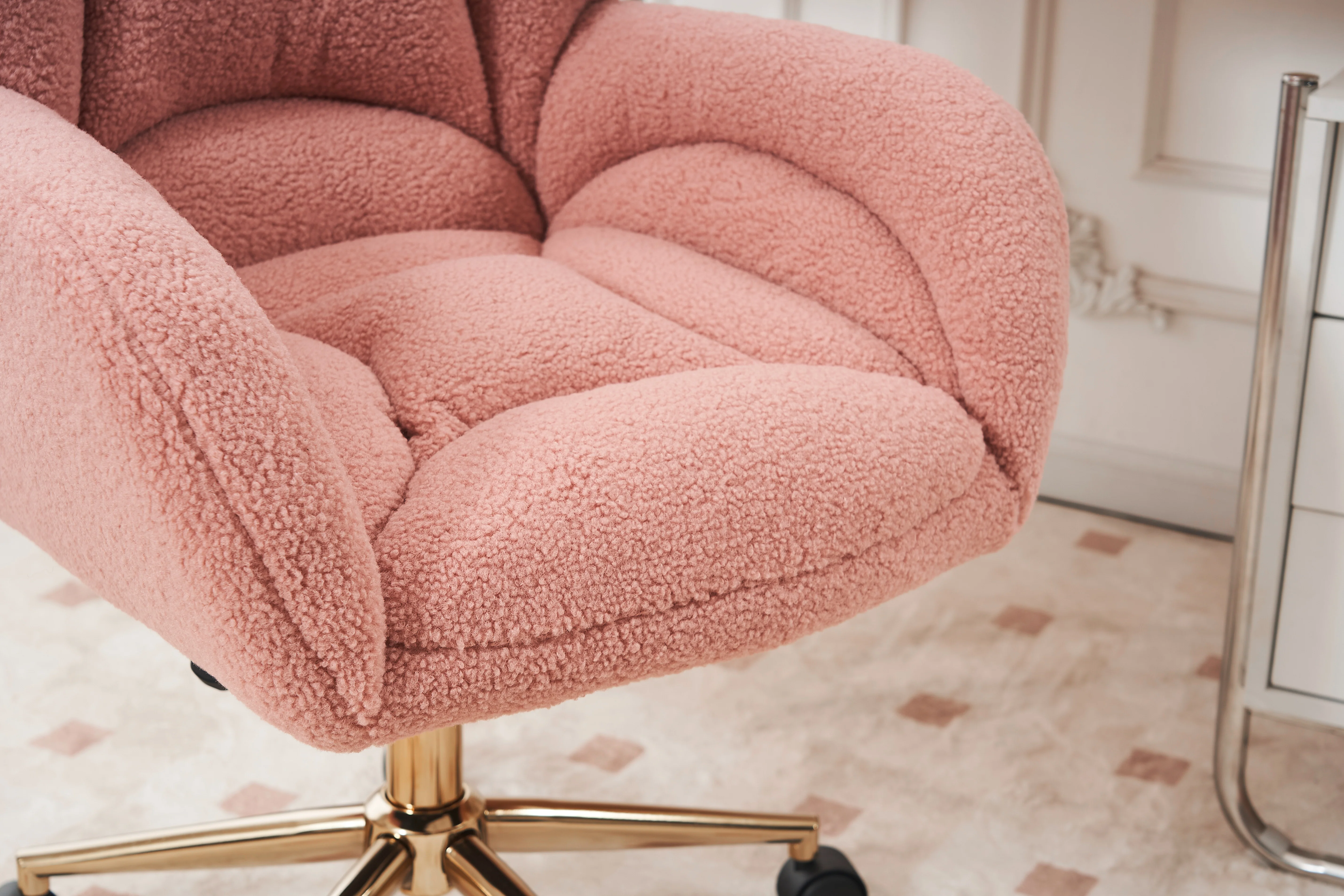 Swivel Chair Height-Adjustable Teddy Fabric Gold Legs - Pink - Image 8