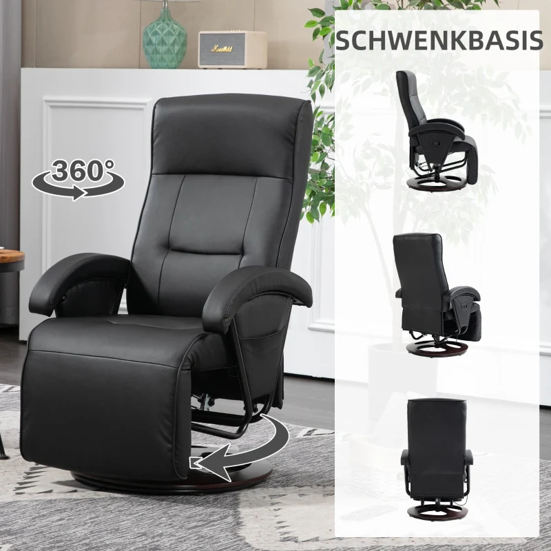 Swivel Chair, Upholstered Tilting Footrest Wooden Base, Faux Leather Black - Image 6