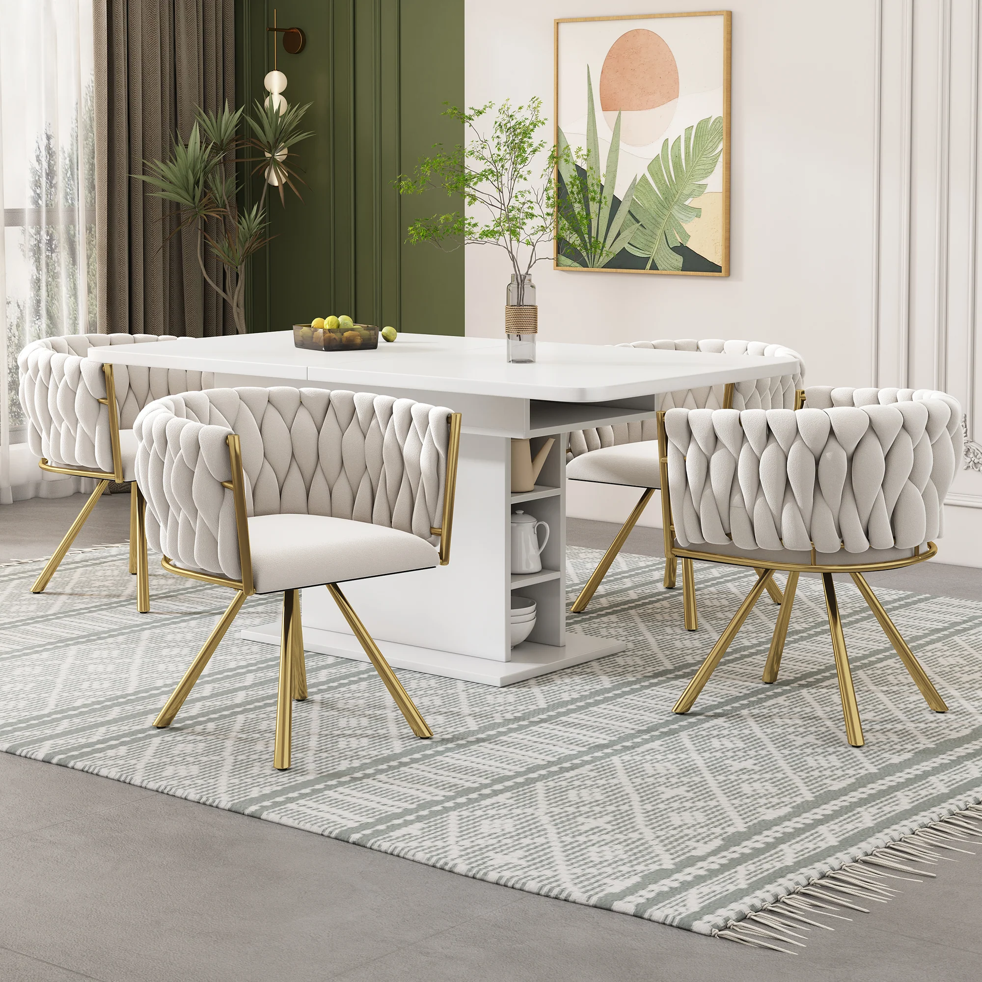 Swivel Dining Chair Set of 2 Metal Legs Luxury - Velvet Beige/Gold - Image 2