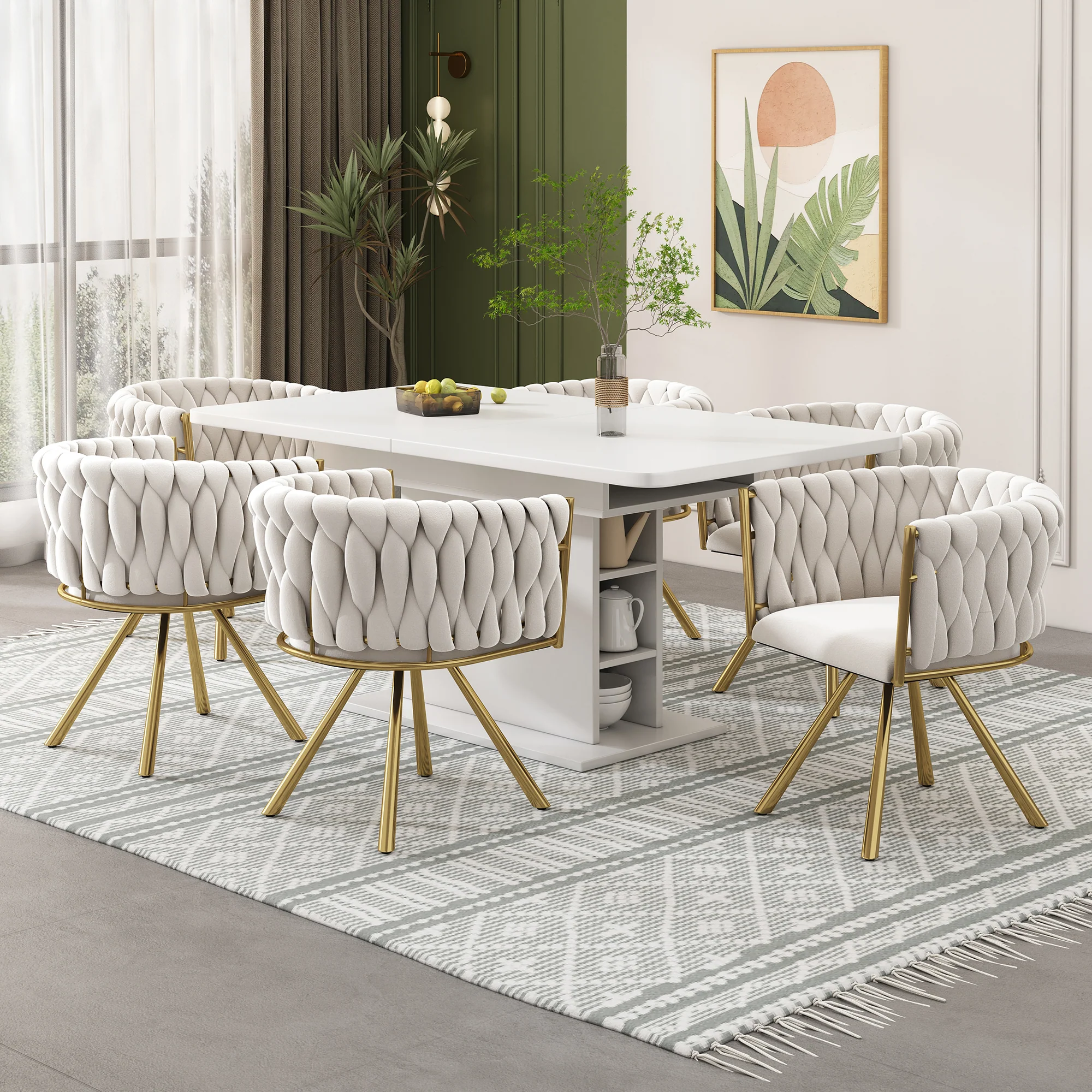 Swivel Dining Chair Set of 2 Metal Legs Luxury - Velvet Beige/Gold - Image 3