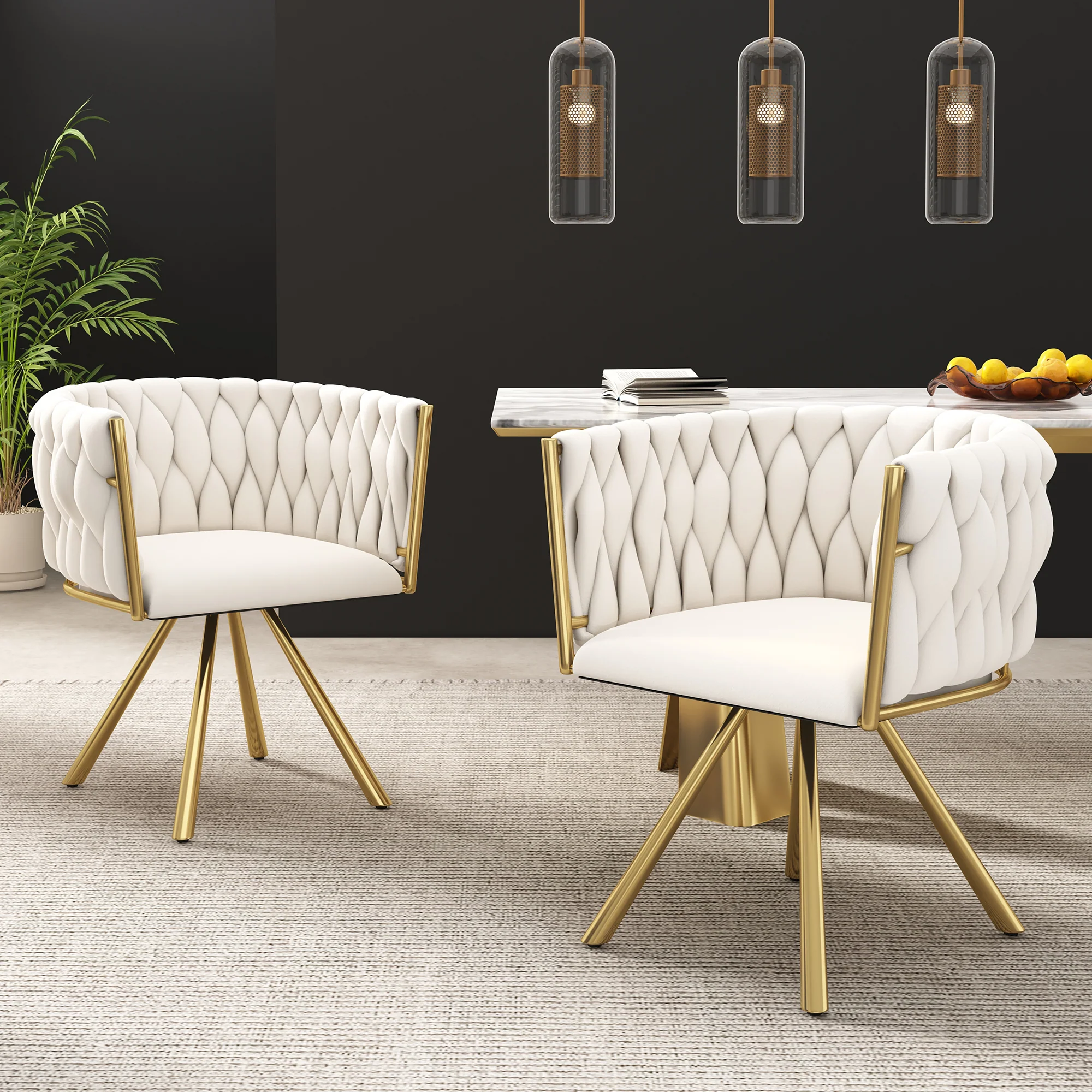 Swivel Dining Chair Set of 2 Metal Legs Luxury - Velvet Beige/Gold - Image 4