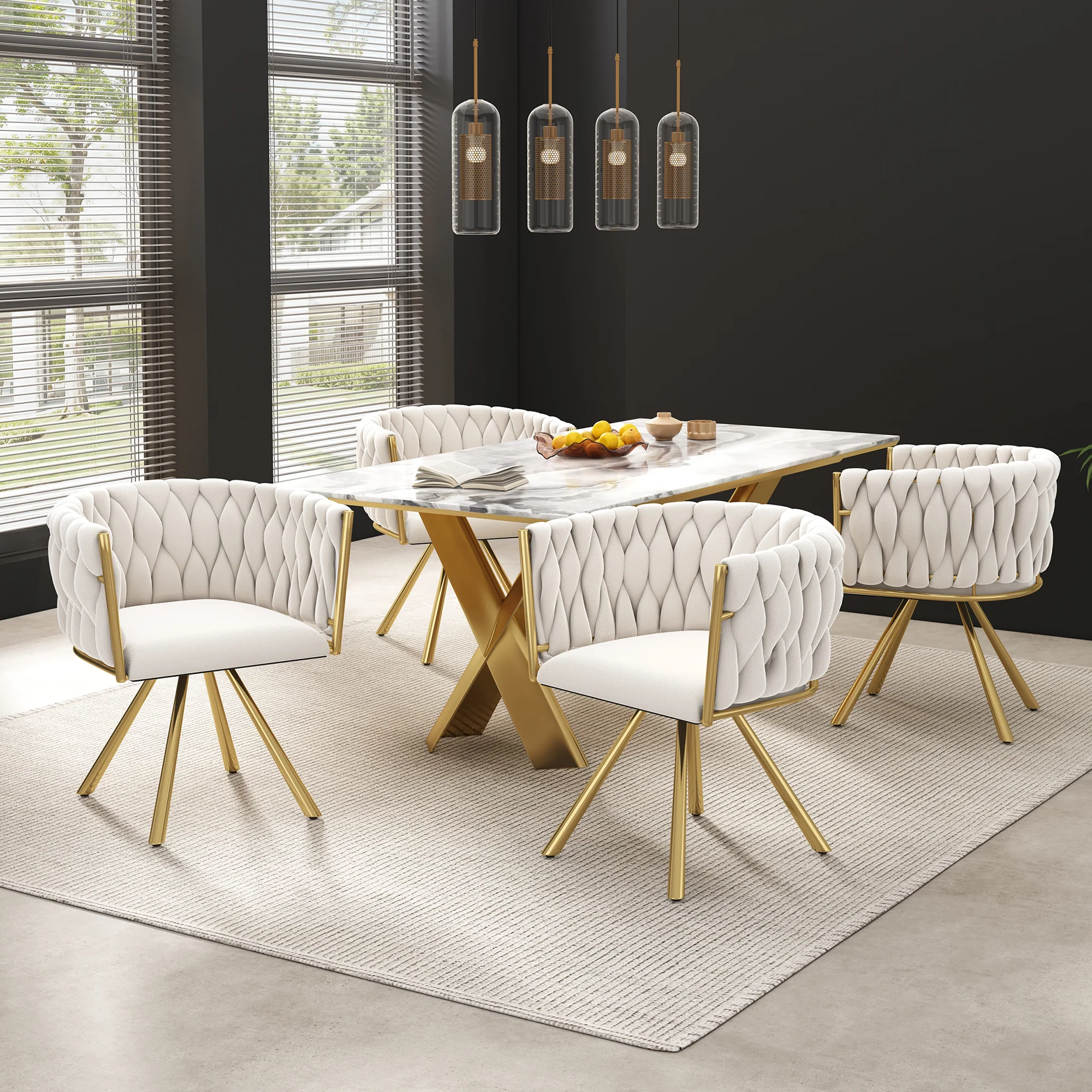 Swivel Dining Chair Set of 2 Metal Legs Luxury - Velvet Beige/Gold - Image 5