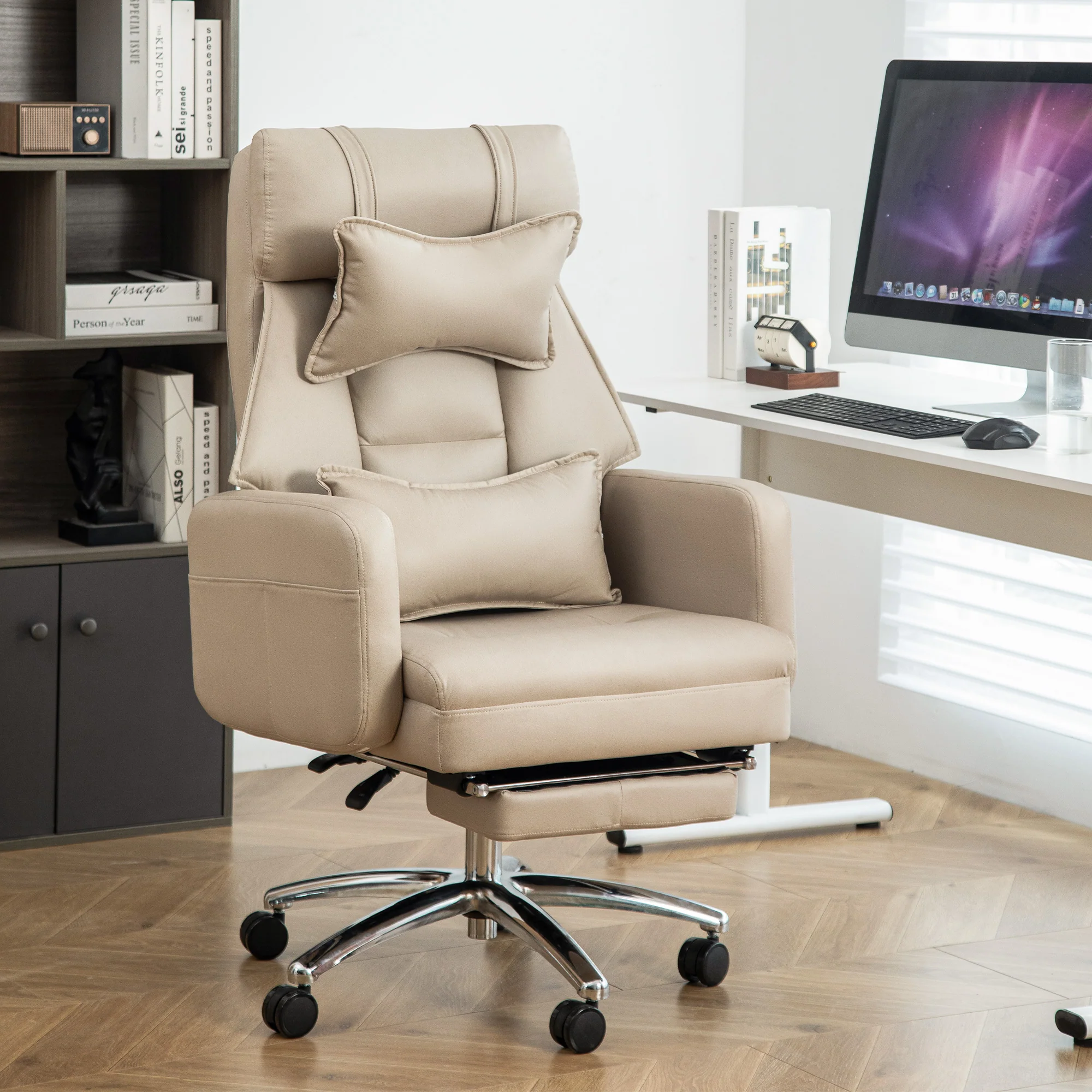 Swivel Office Chair Ergonomic High Back Lumbar Support Headrest 155° Reclining Technology Leather Beige