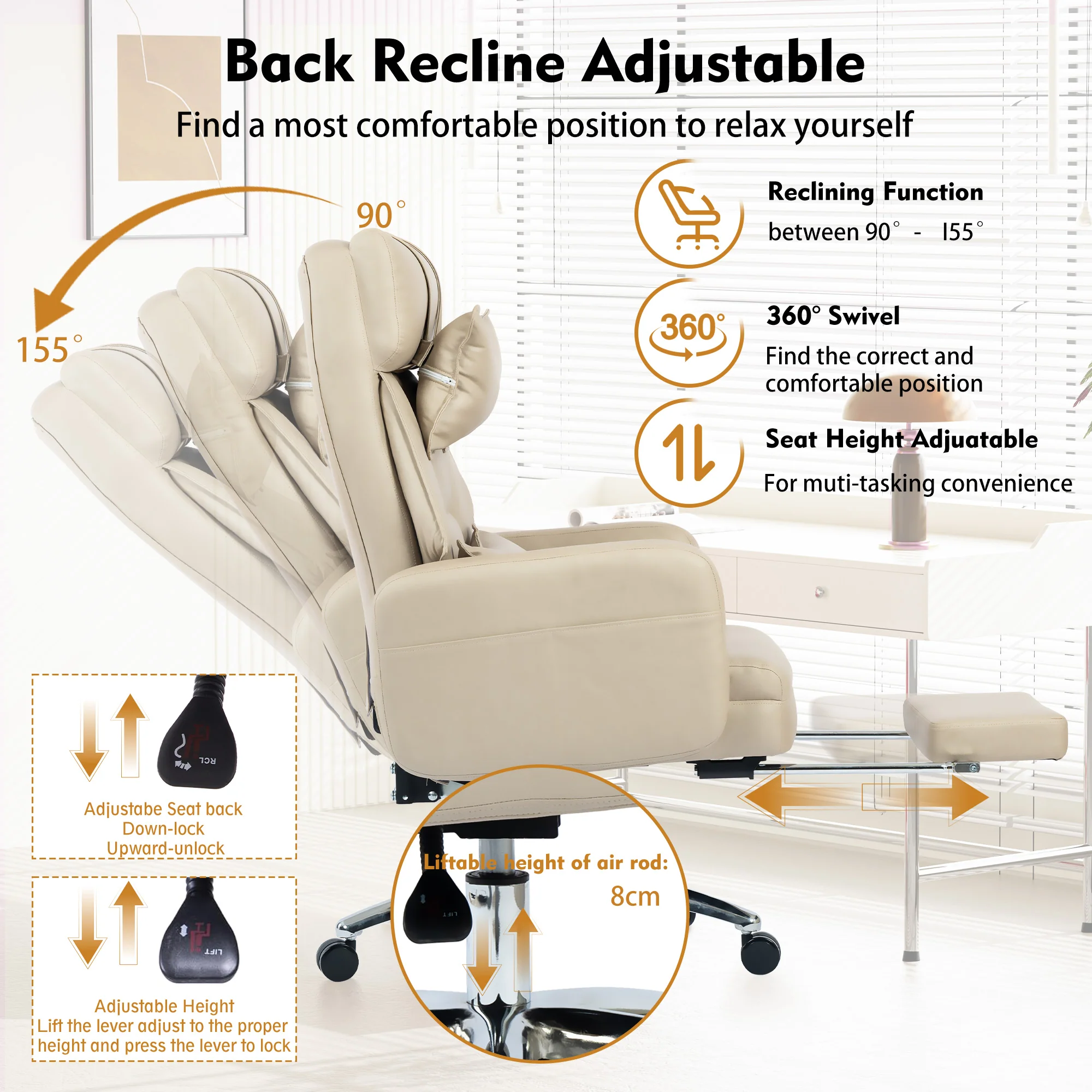 Swivel Office Chair Ergonomic High Back Lumbar Support Headrest 155° Reclining Technology Leather Beige - Image 9