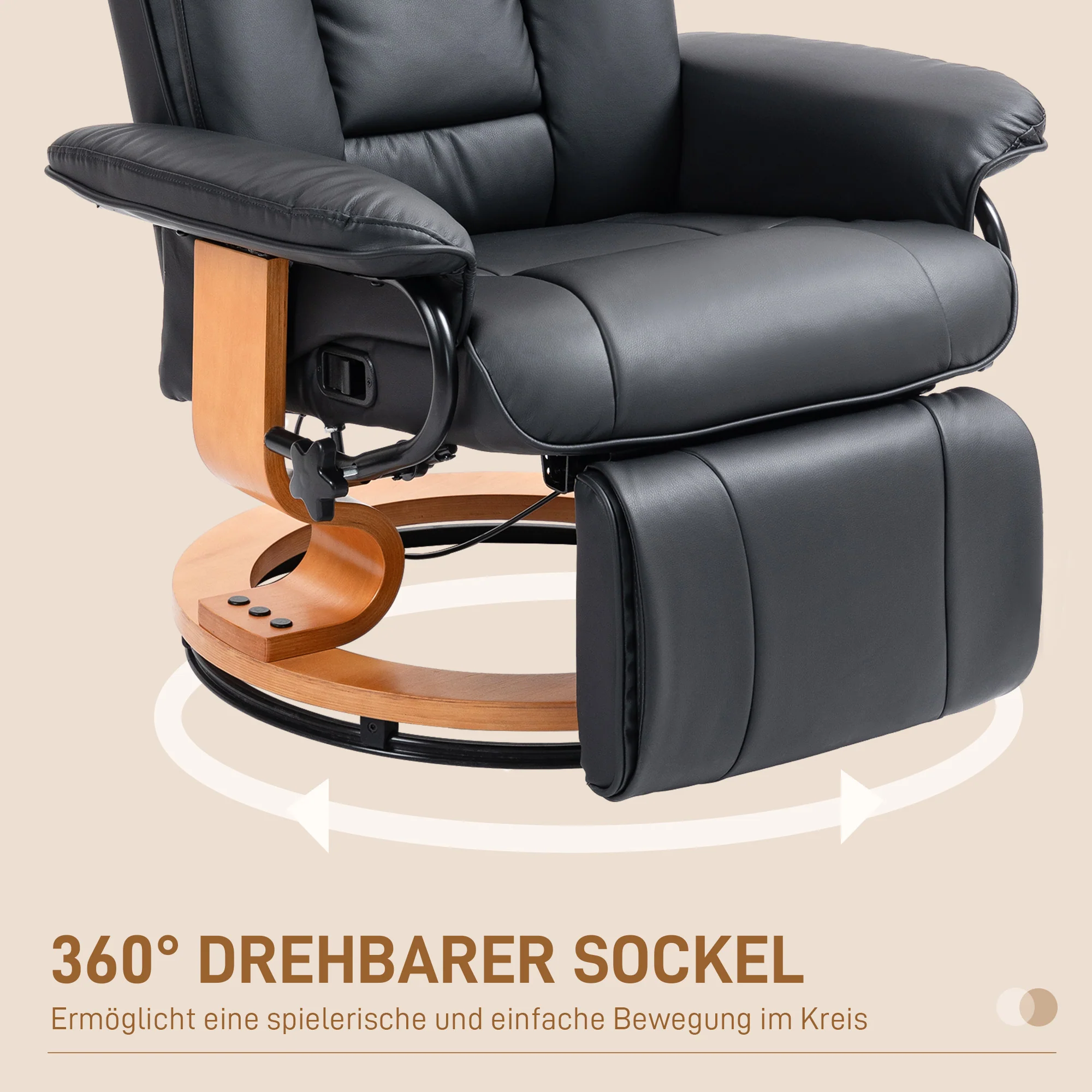 Swivel Recliner TV Chair, Footrest 150 kg Capacity, Faux Leather Black - Image 6