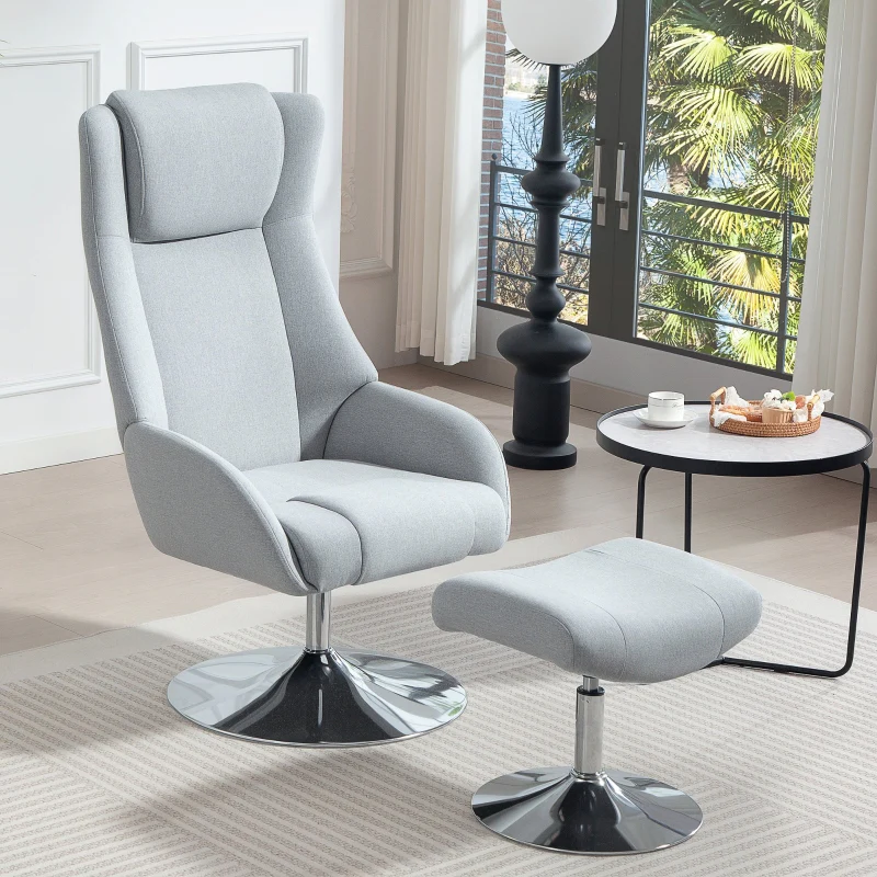 Swivel Upholstered Armchair Reclining with Footstool - Grey - Image 2