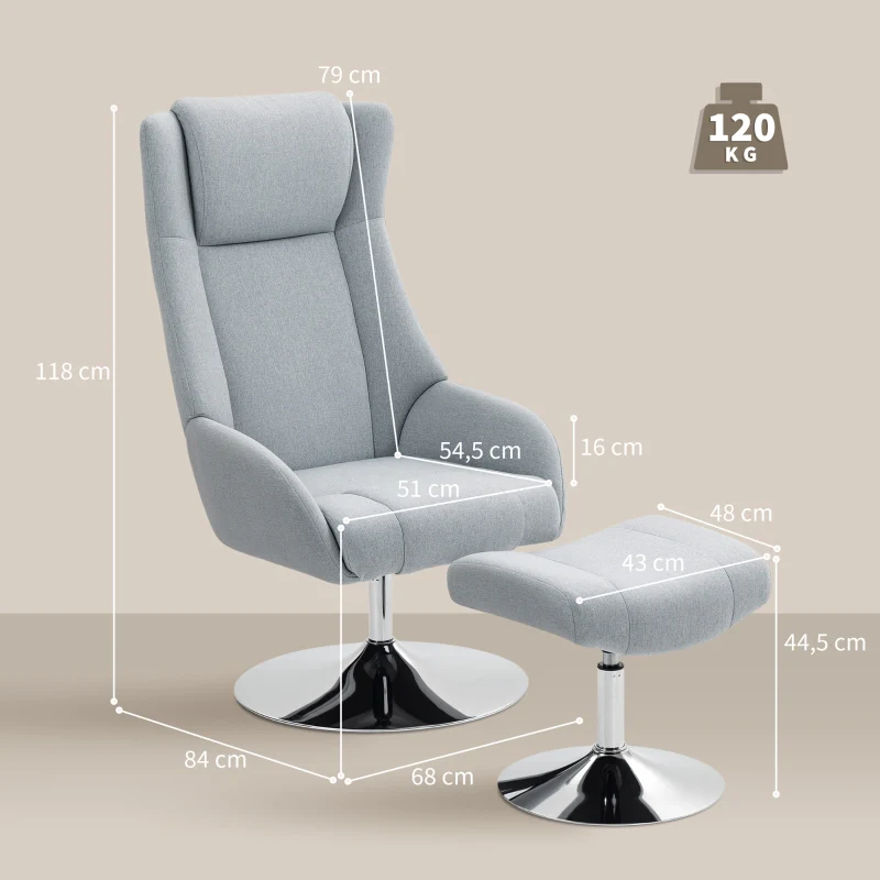 Swivel Upholstered Armchair Reclining with Footstool - Grey - Image 3