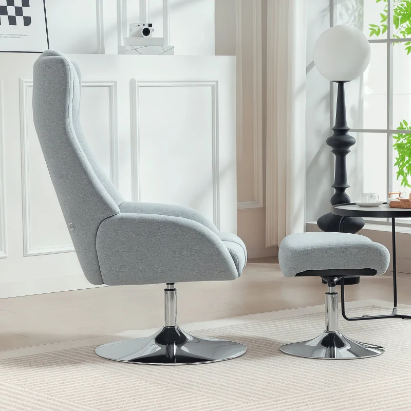 Swivel Upholstered Armchair Reclining with Footstool - Grey - Image 8