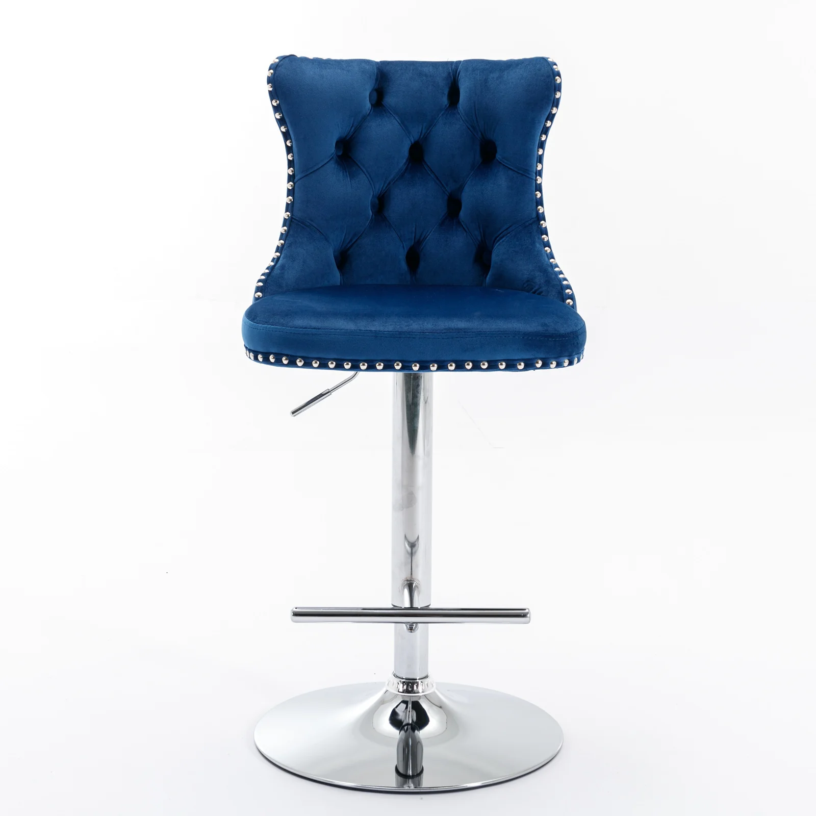 Swivel Velvet Barstools Adjustable Height Tufted Chrome Base Set of 2 - Blue - Image 2