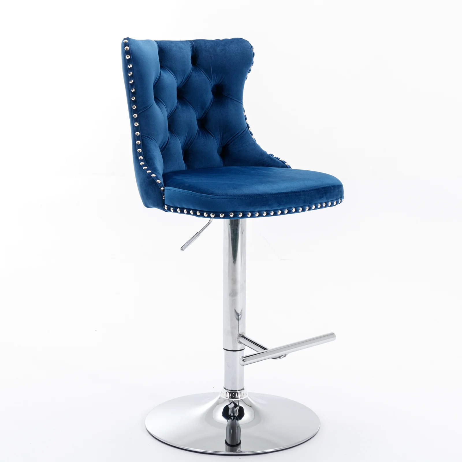 Swivel Velvet Barstools Adjustable Height Tufted Chrome Base Set of 2 - Blue - Image 3