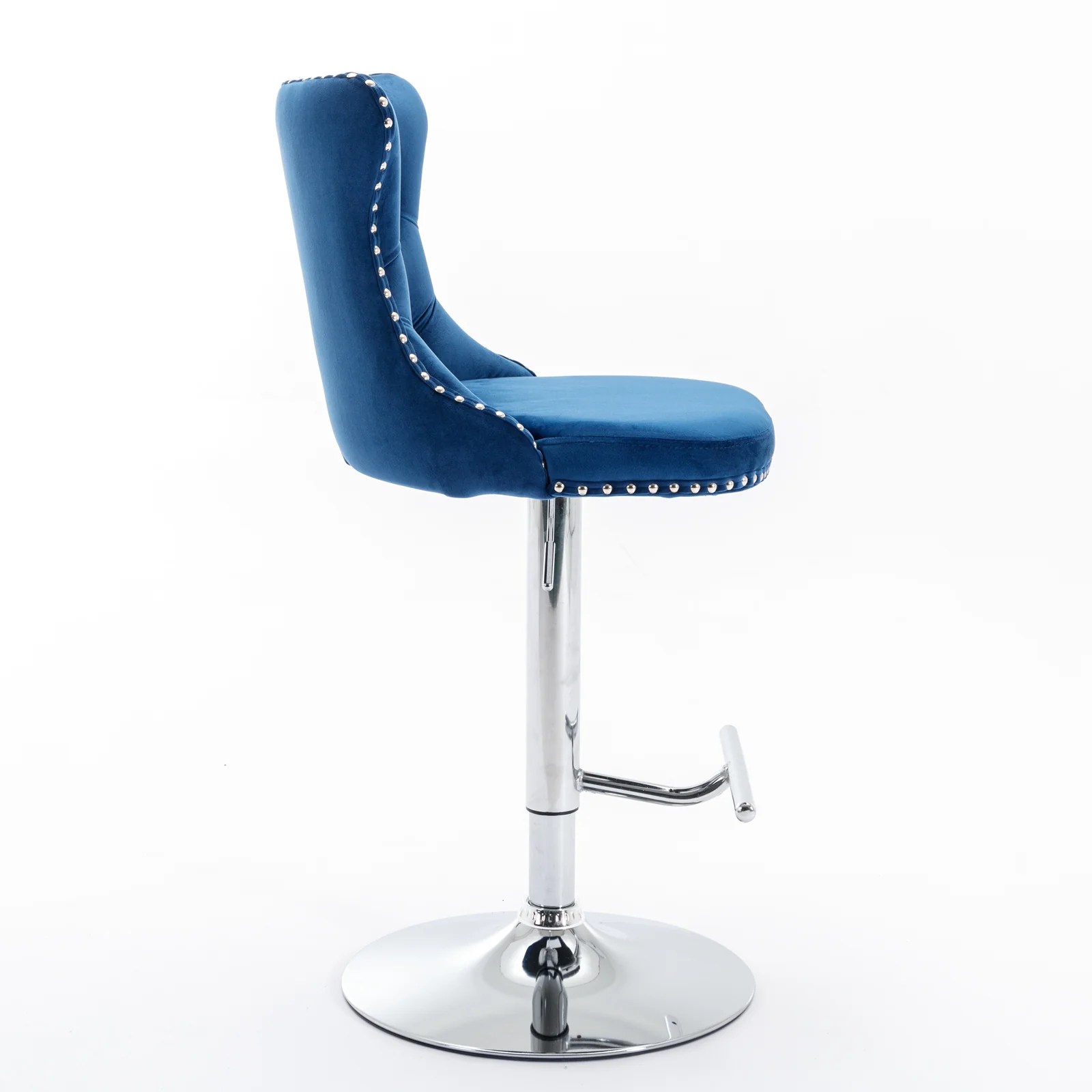 Swivel Velvet Barstools Adjustable Height Tufted Chrome Base Set of 2 - Blue - Image 4