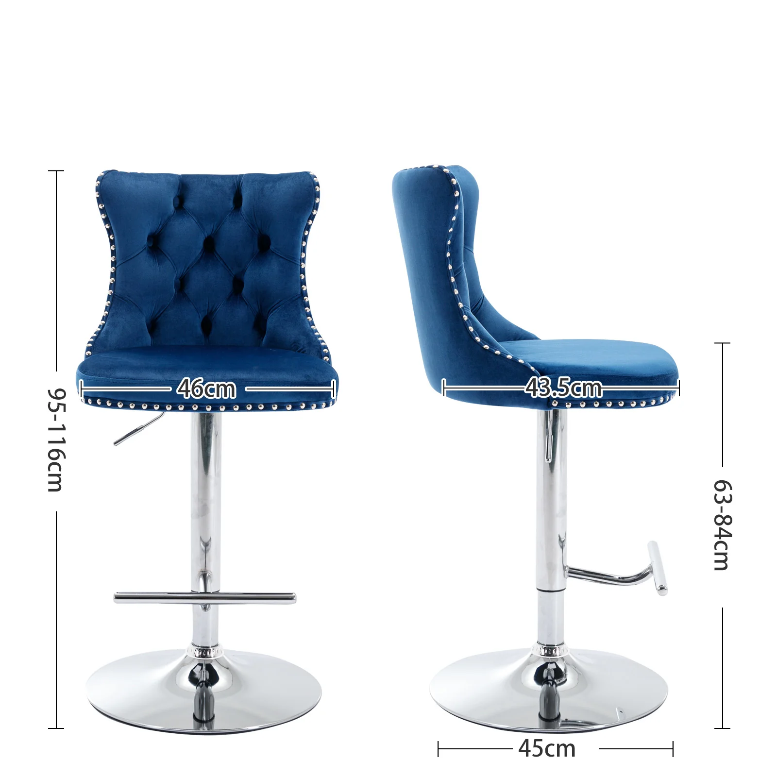 Swivel Velvet Barstools Adjustable Height Tufted Chrome Base Set of 2 - Blue - Image 7