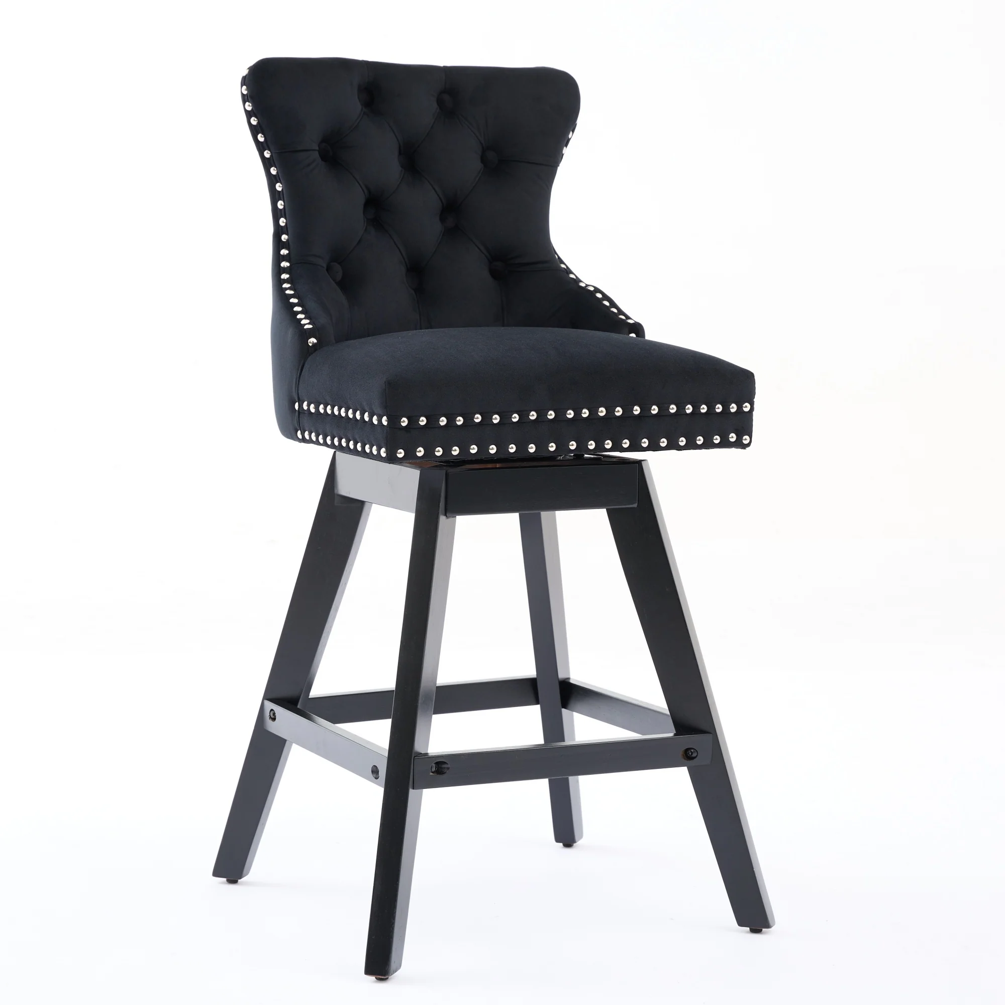Swivel Velvet Barstools Button Tufted Wooden Legs Set of 2 - Black - Image 3